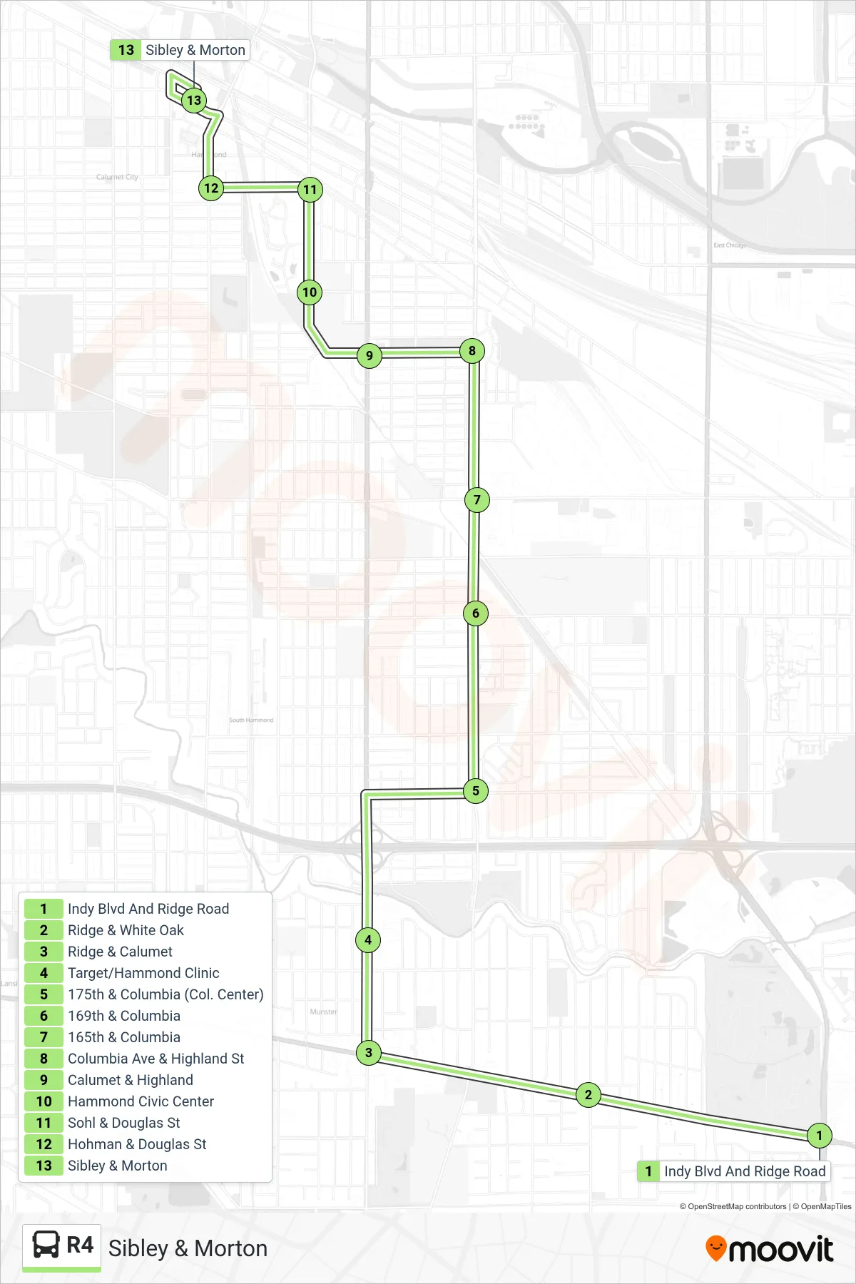 R4 bus Line (Sibley & Morton) route and stops on a map