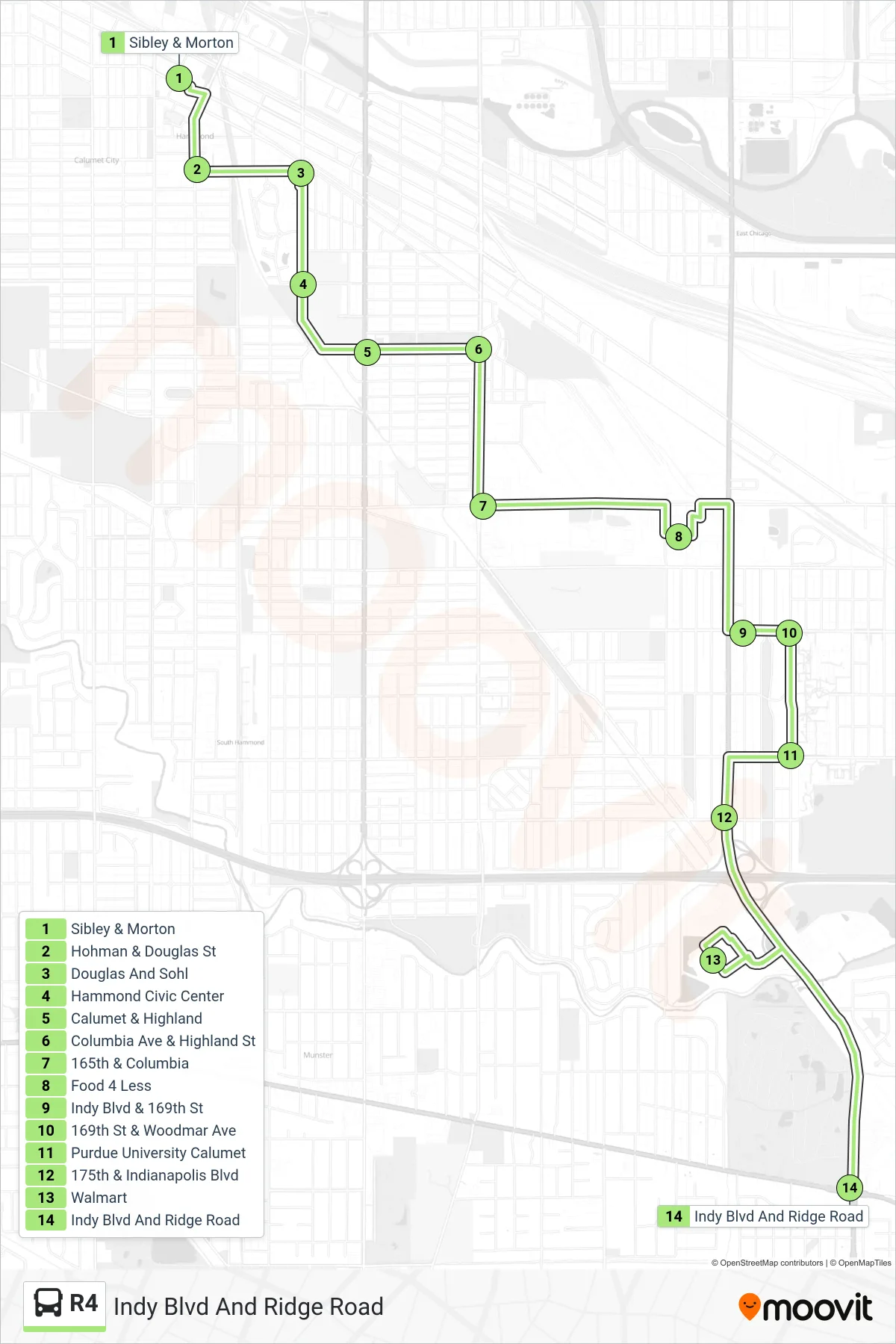 R4 bus Line (Indy Blvd And Ridge Road) route and stops on a map