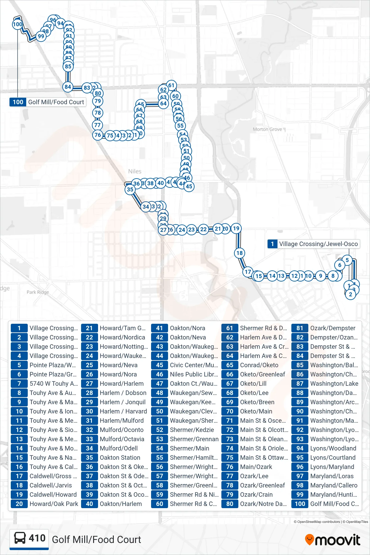 410 bus Line (Golf Mill/Food Court) route and stops on a map