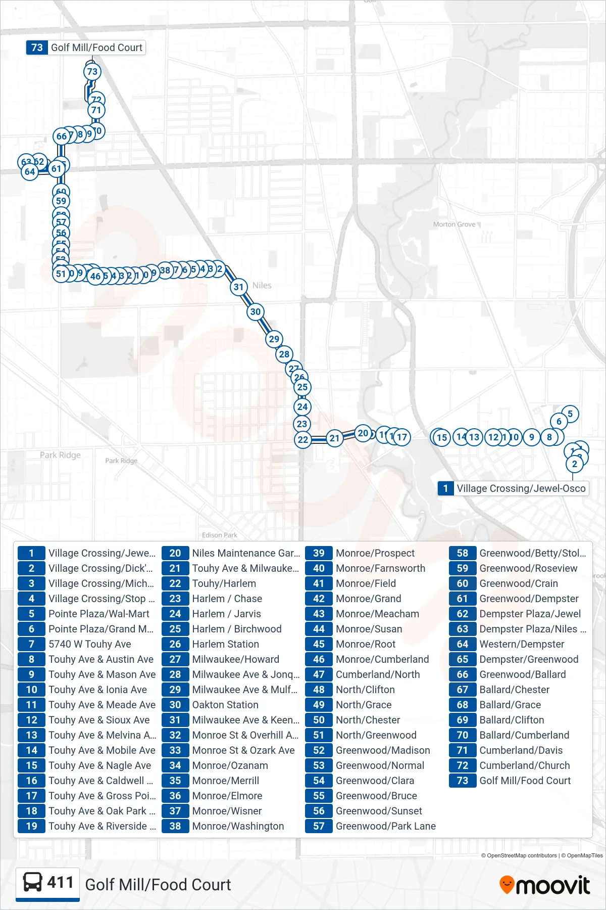 411 bus Line (Golf Mill/Food Court) route and stops on a map