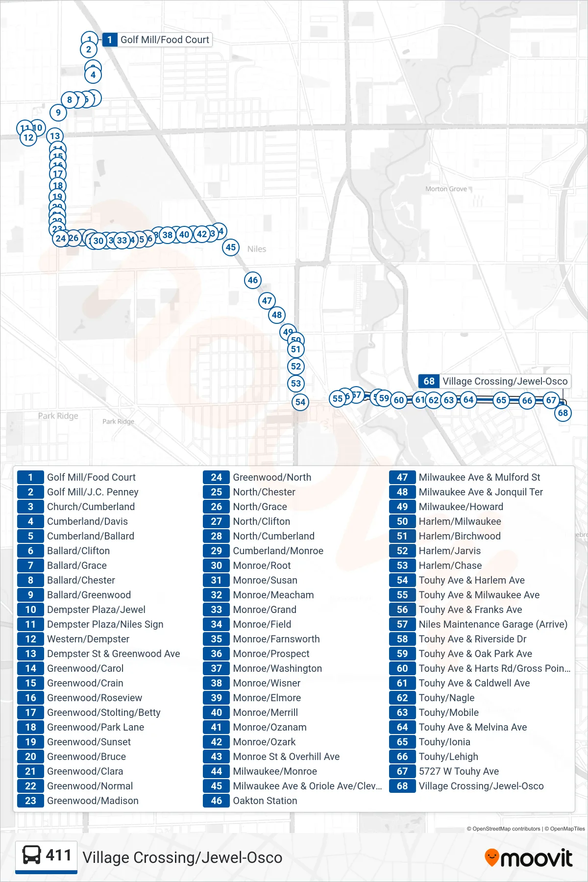411 bus Line (Village Crossing/Jewel-Osco) route and stops on a map