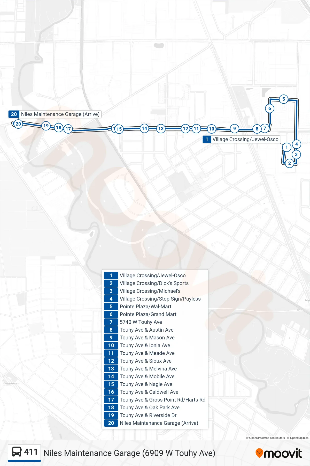 411 bus Line (Niles Maintenance Garage (6909 W Touhy Ave)) route and stops on a map
