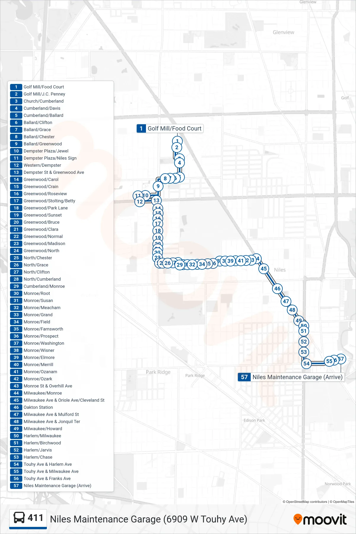 411 bus Line (Niles Maintenance Garage (6909 W Touhy Ave)) route and stops on a map