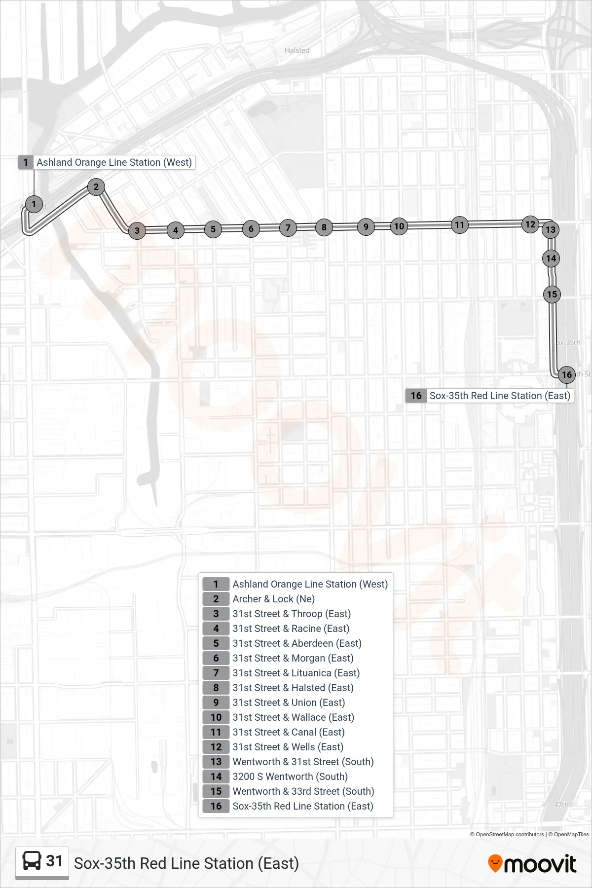 31 bus Line (Sox-35th Red Line Station (East)) route and stops on a map