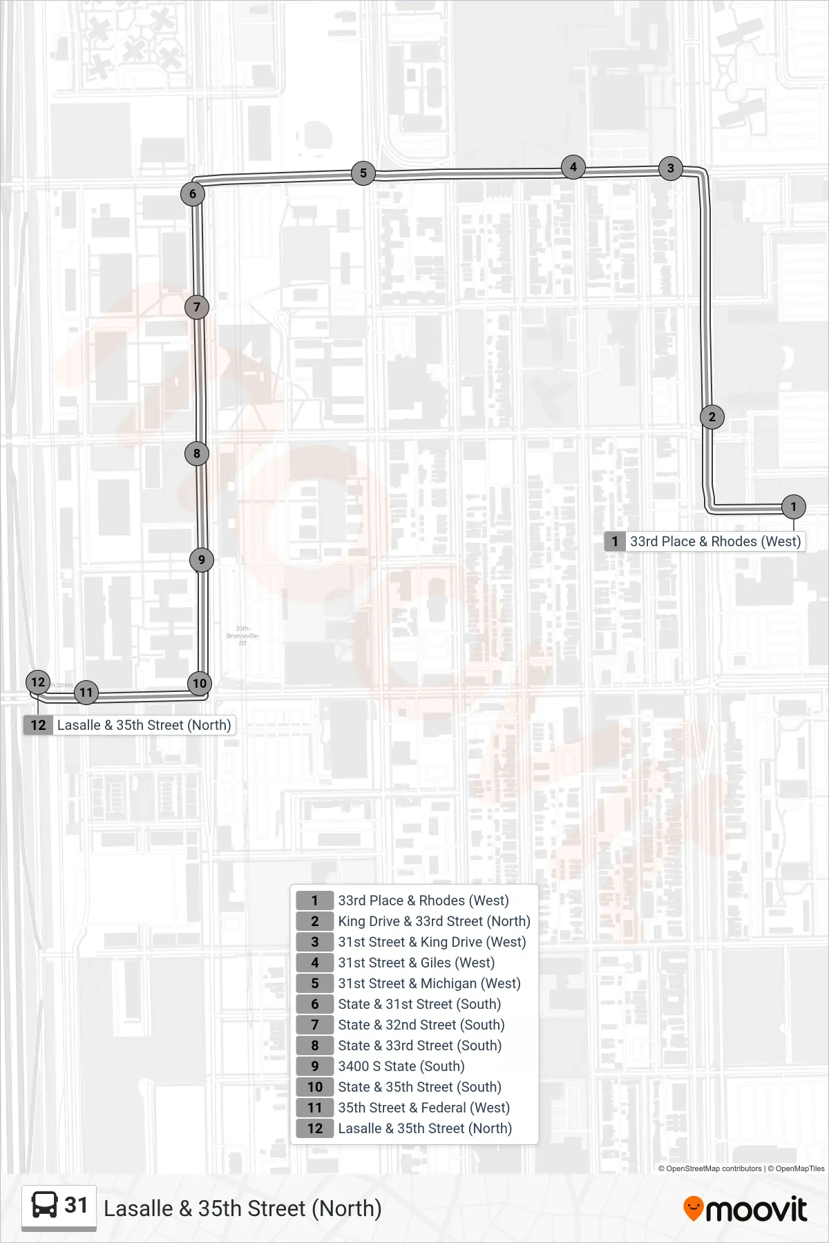 31 bus Line (Lasalle & 35th Street (North)) route and stops on a map