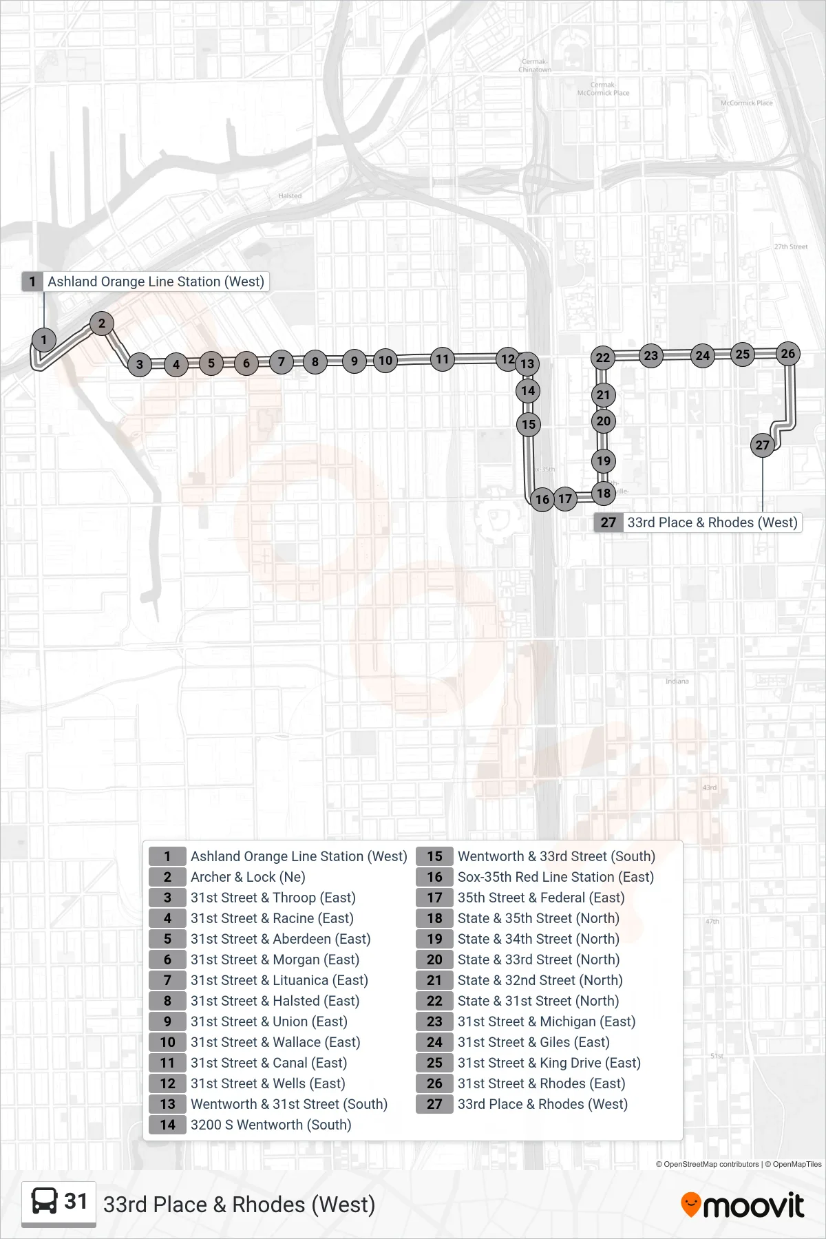 31 bus Line (33rd Place & Rhodes (West)) route and stops on a map