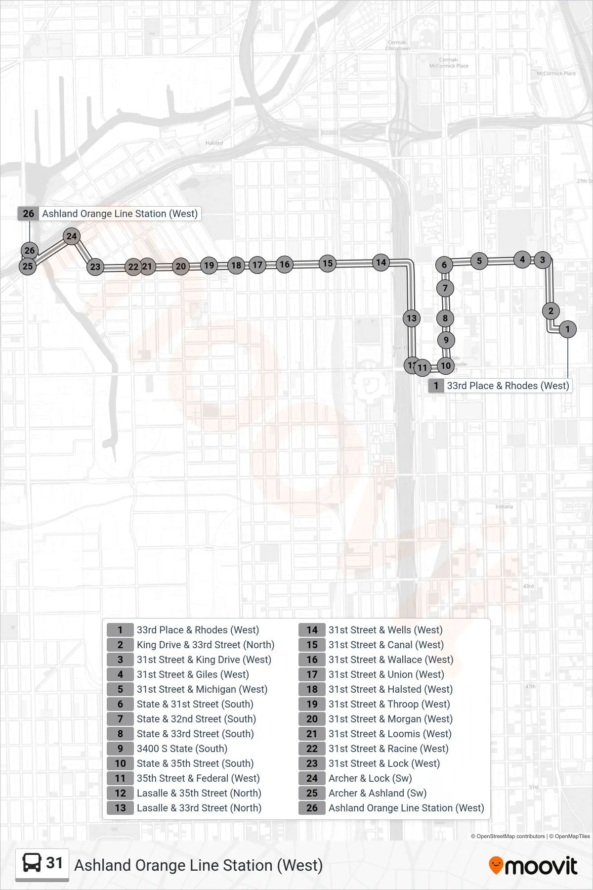 31 bus Line (Ashland Orange Line Station (West)) route and stops on a map