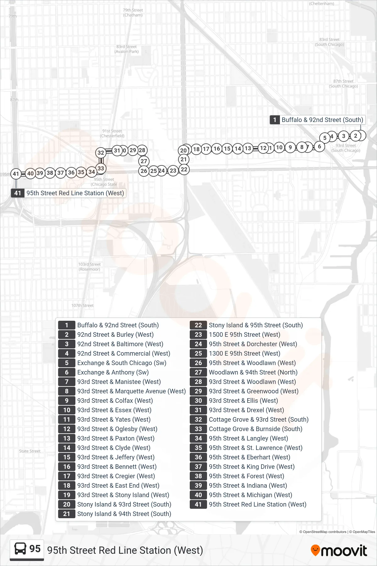 95 bus Line (95th Street Red Line Station (West)) route and stops on a map