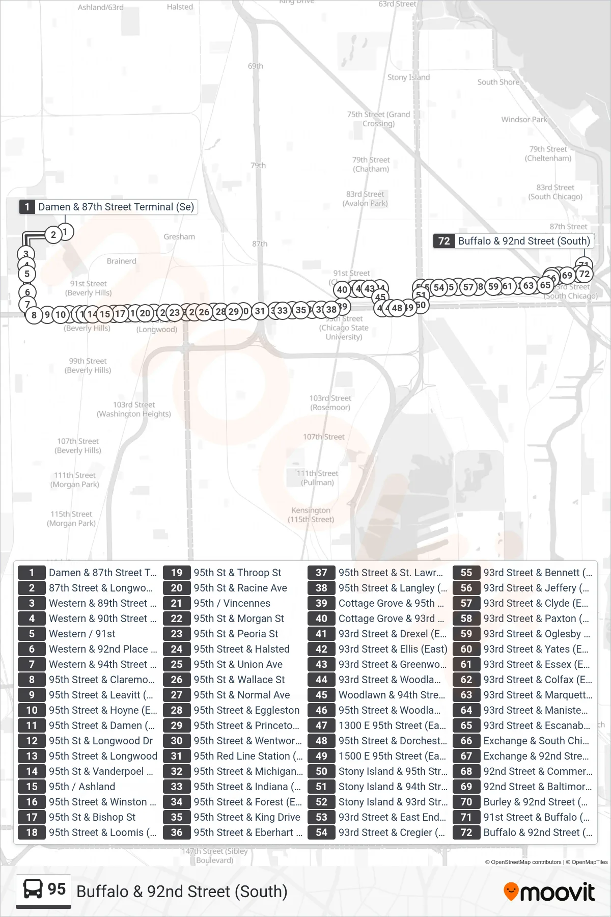 95 bus Line (Buffalo & 92nd Street (South)) route and stops on a map