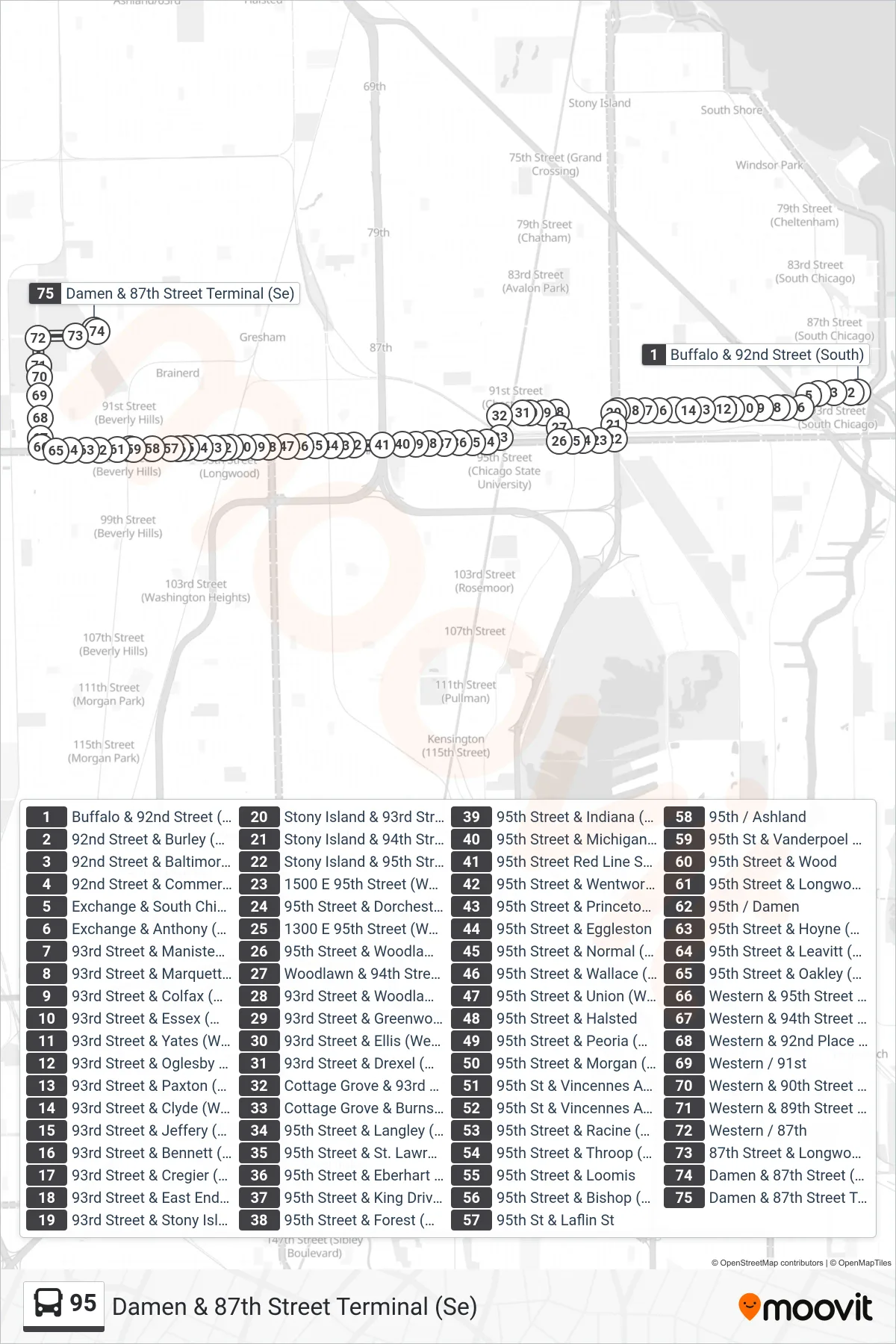 95 bus Line (Damen & 87th Street Terminal (Se)) route and stops on a map