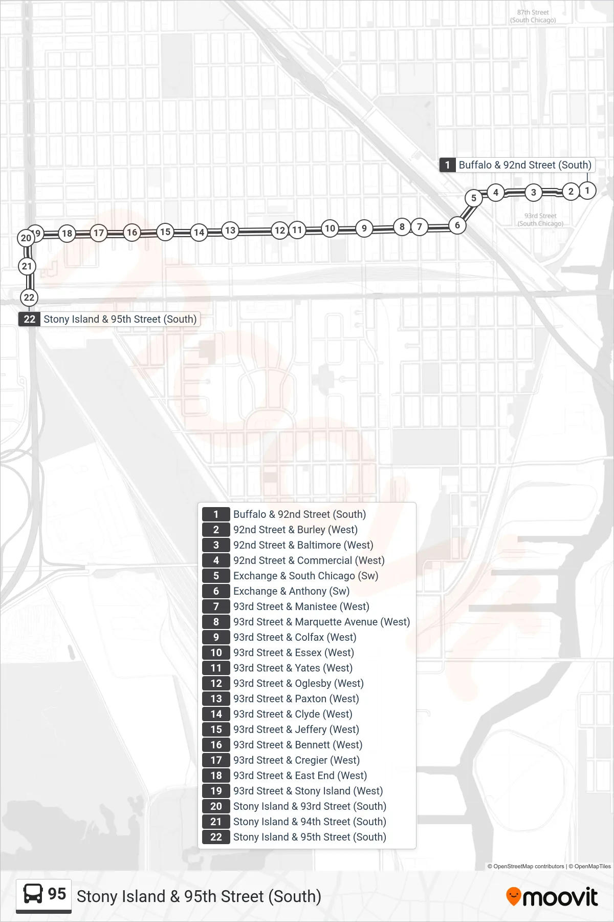 95 bus Line (Stony Island & 95th Street (South)) route and stops on a map