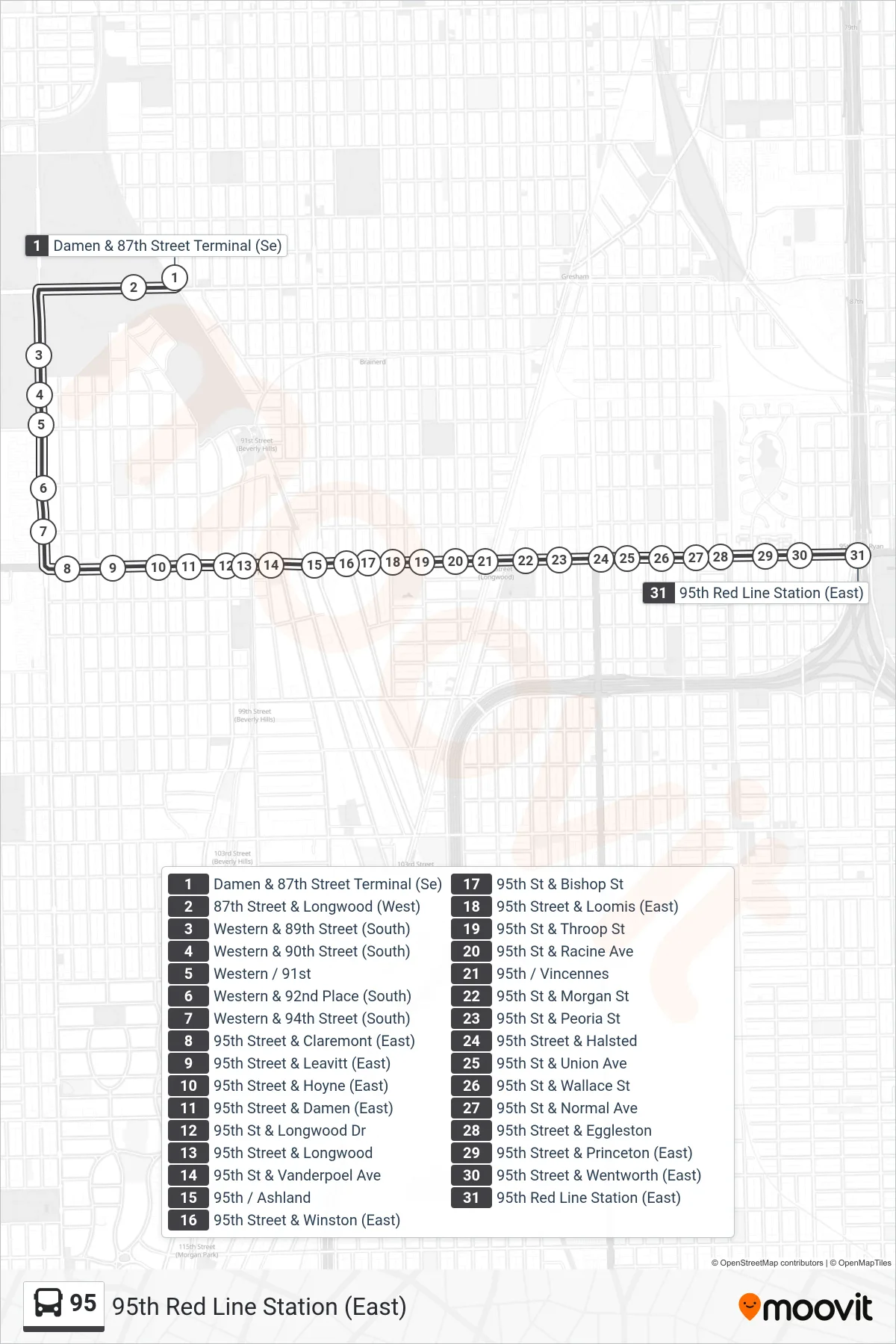 95 bus Line (95th Red Line Station (East)) route and stops on a map