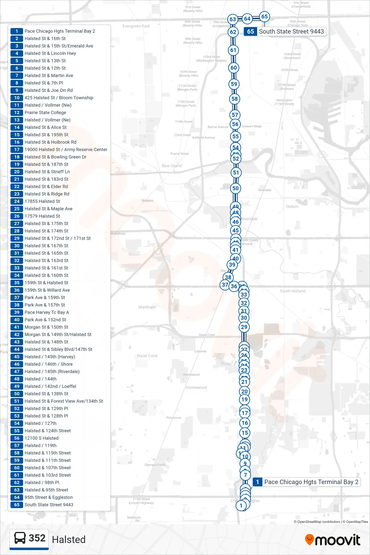 352 bus Line (95th/Dan Ryan Cta Station Bay J) route and stops on a map