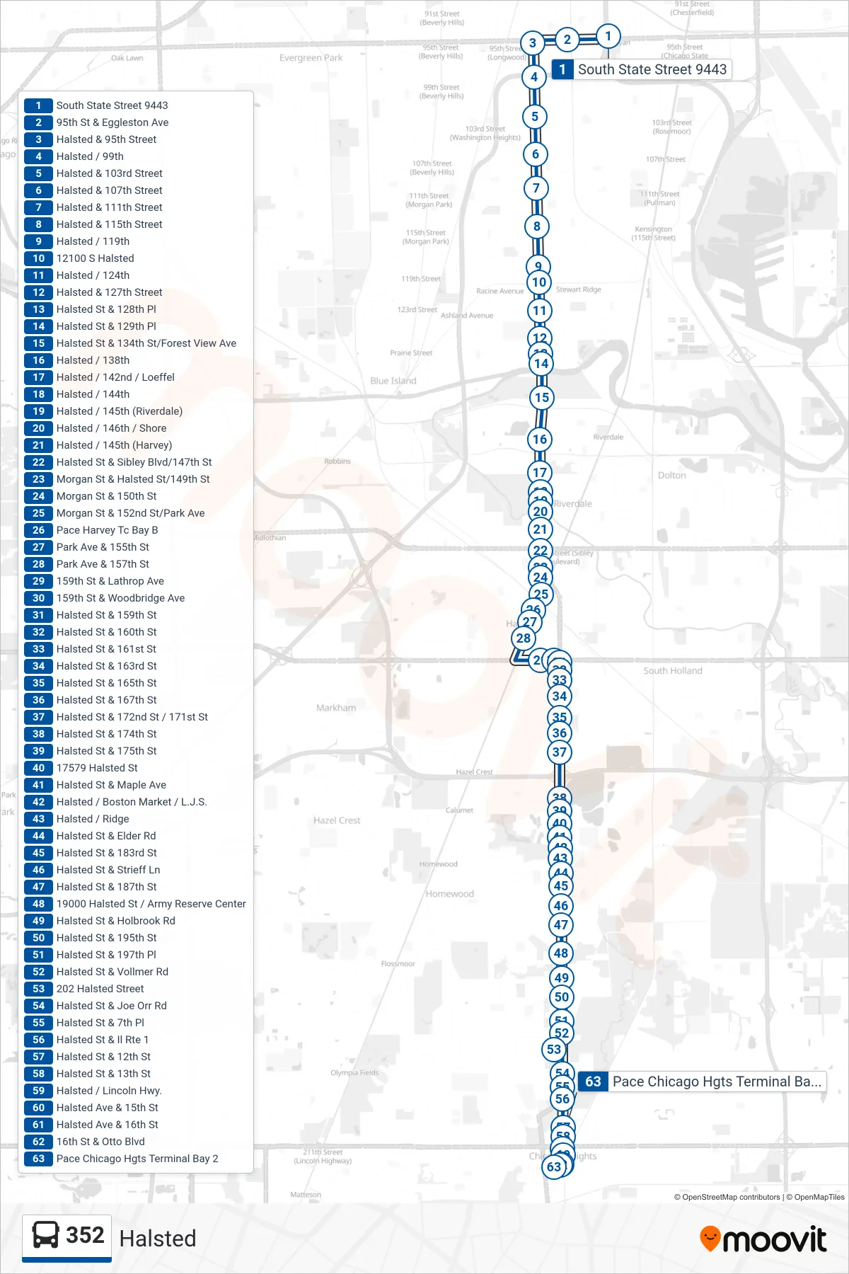352 bus Line (Pace Chicago Hgts Terminal Bay 2) route and stops on a map