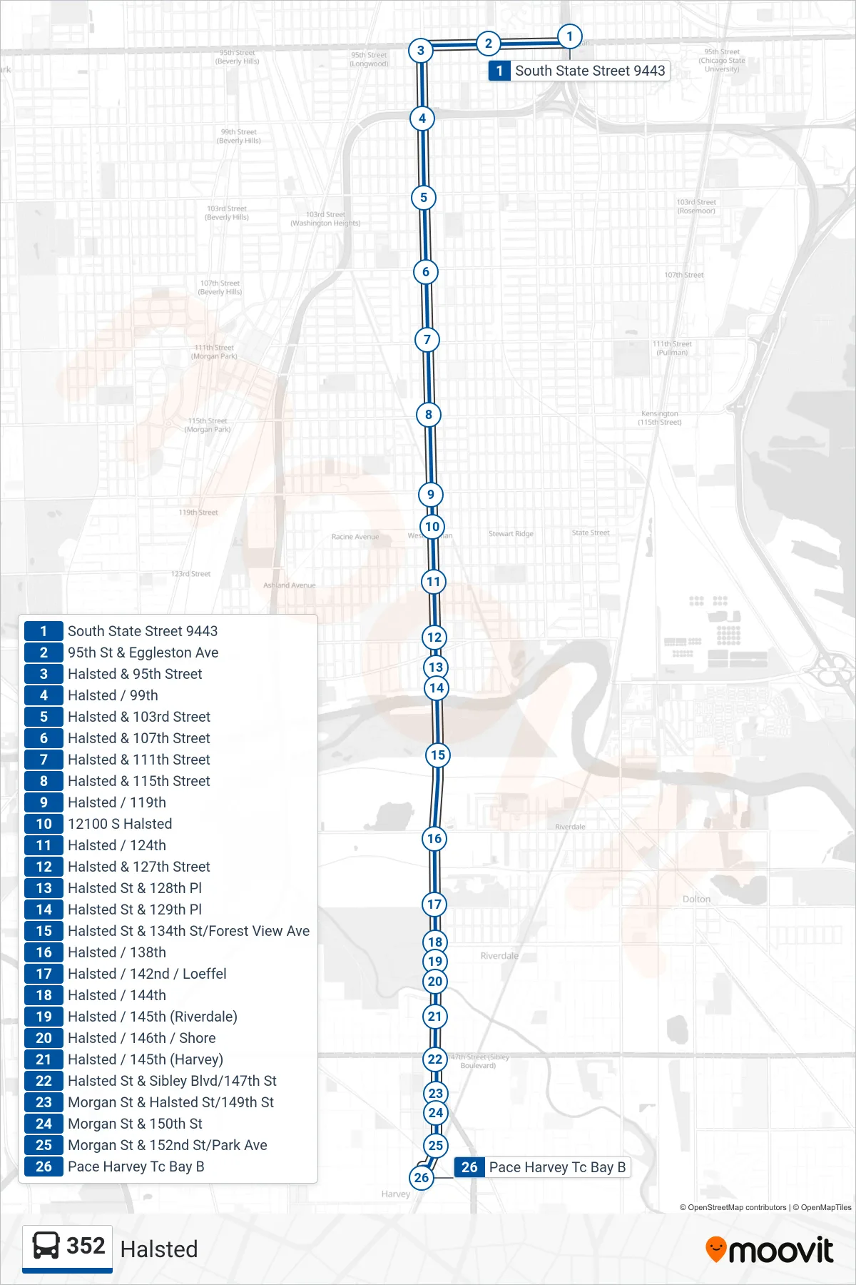 352 bus Line (Pace Harvey Tc Bay B) route and stops on a map