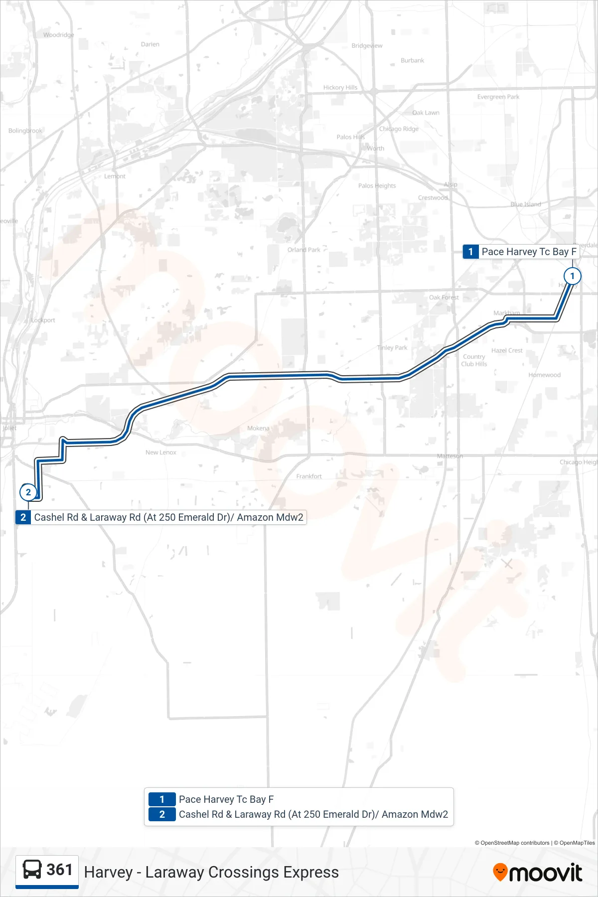 361 bus Line (Amazon Mdw4) route and stops on a map
