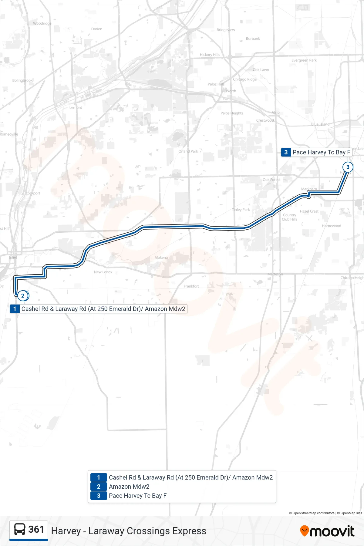 361 bus Line (Pace Harvey Tc Bay F) route and stops on a map