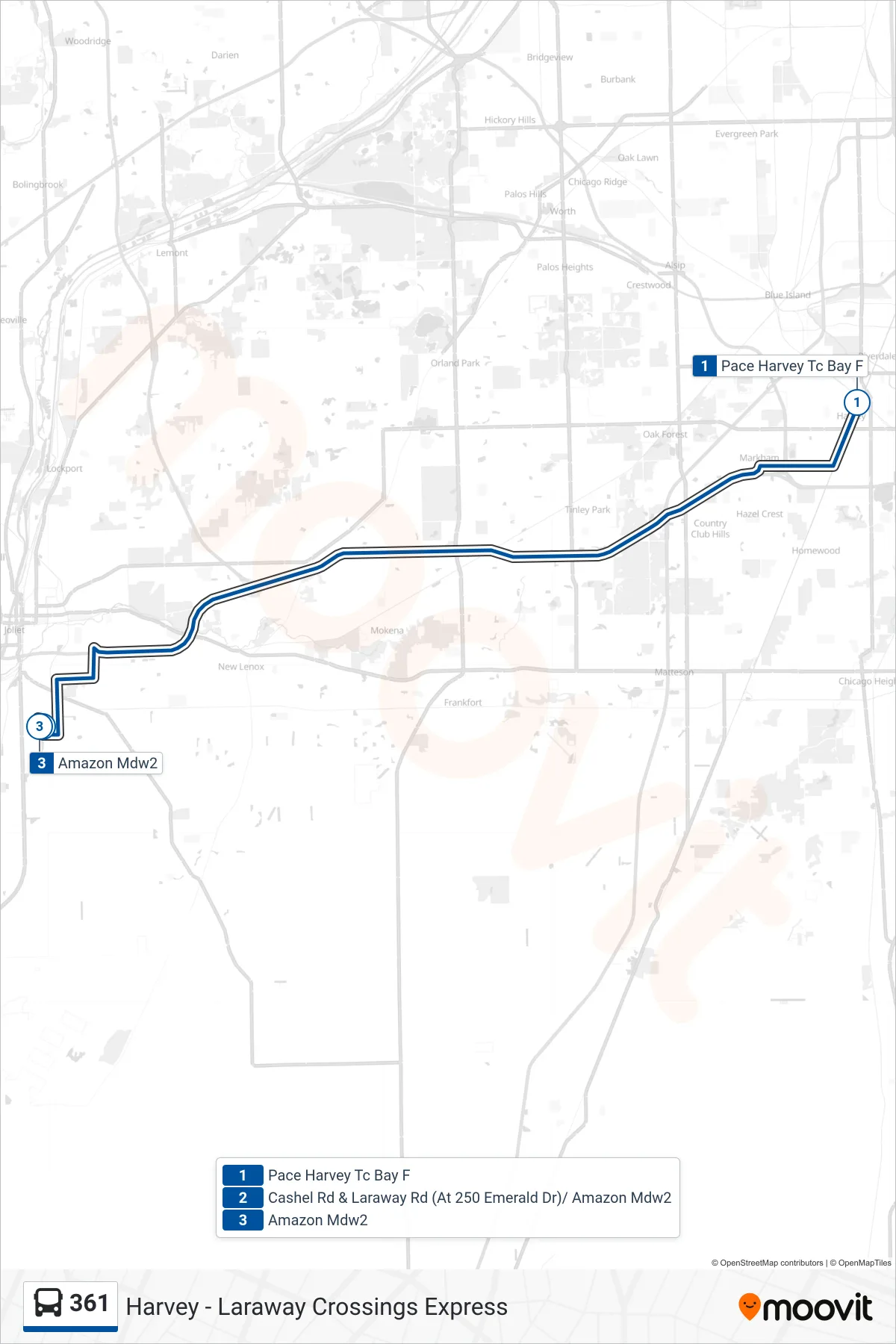 361 bus Line (Amazon Mdw2) route and stops on a map
