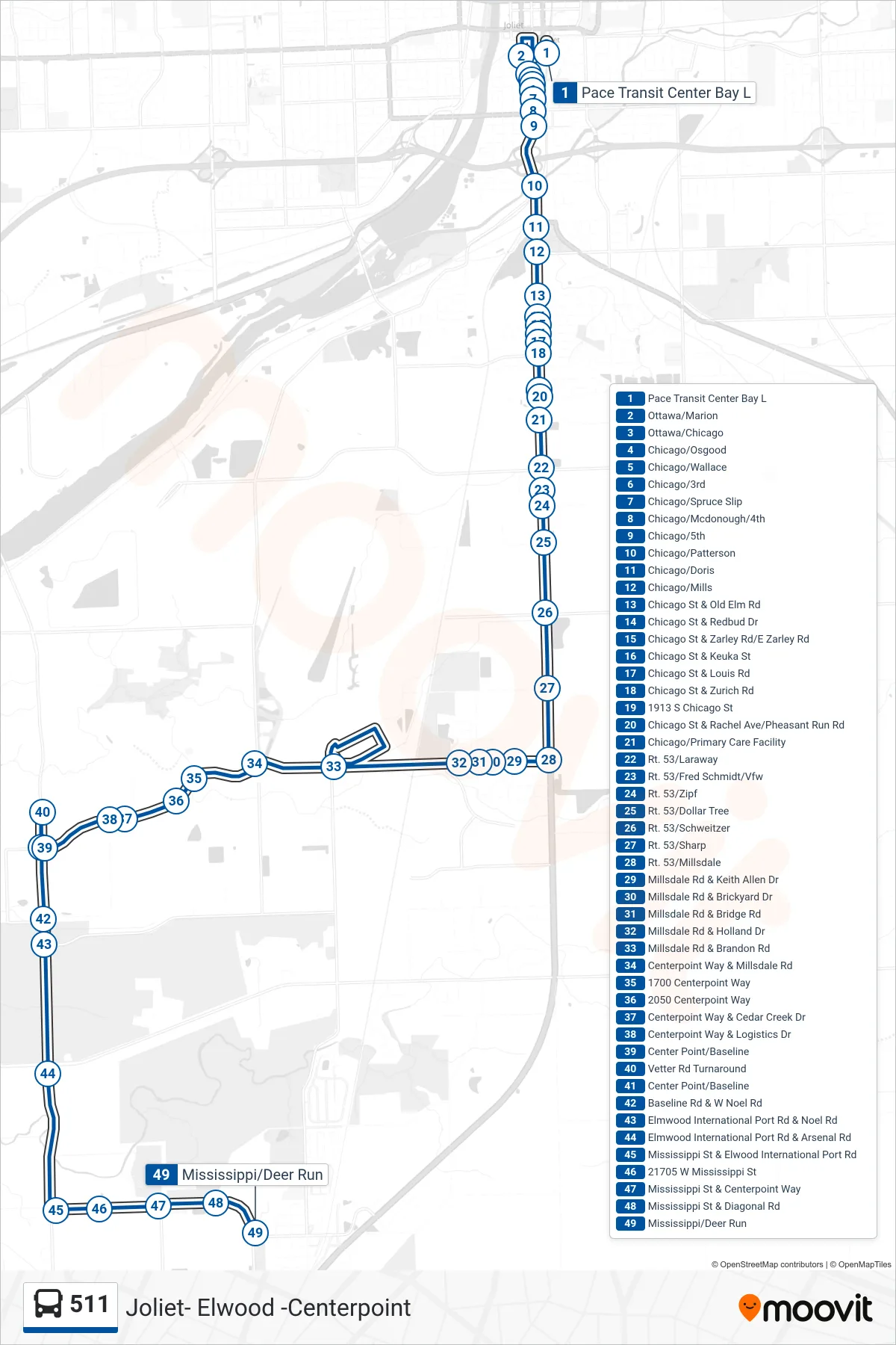 511 bus Line (Mississippi/Deer Run) route and stops on a map
