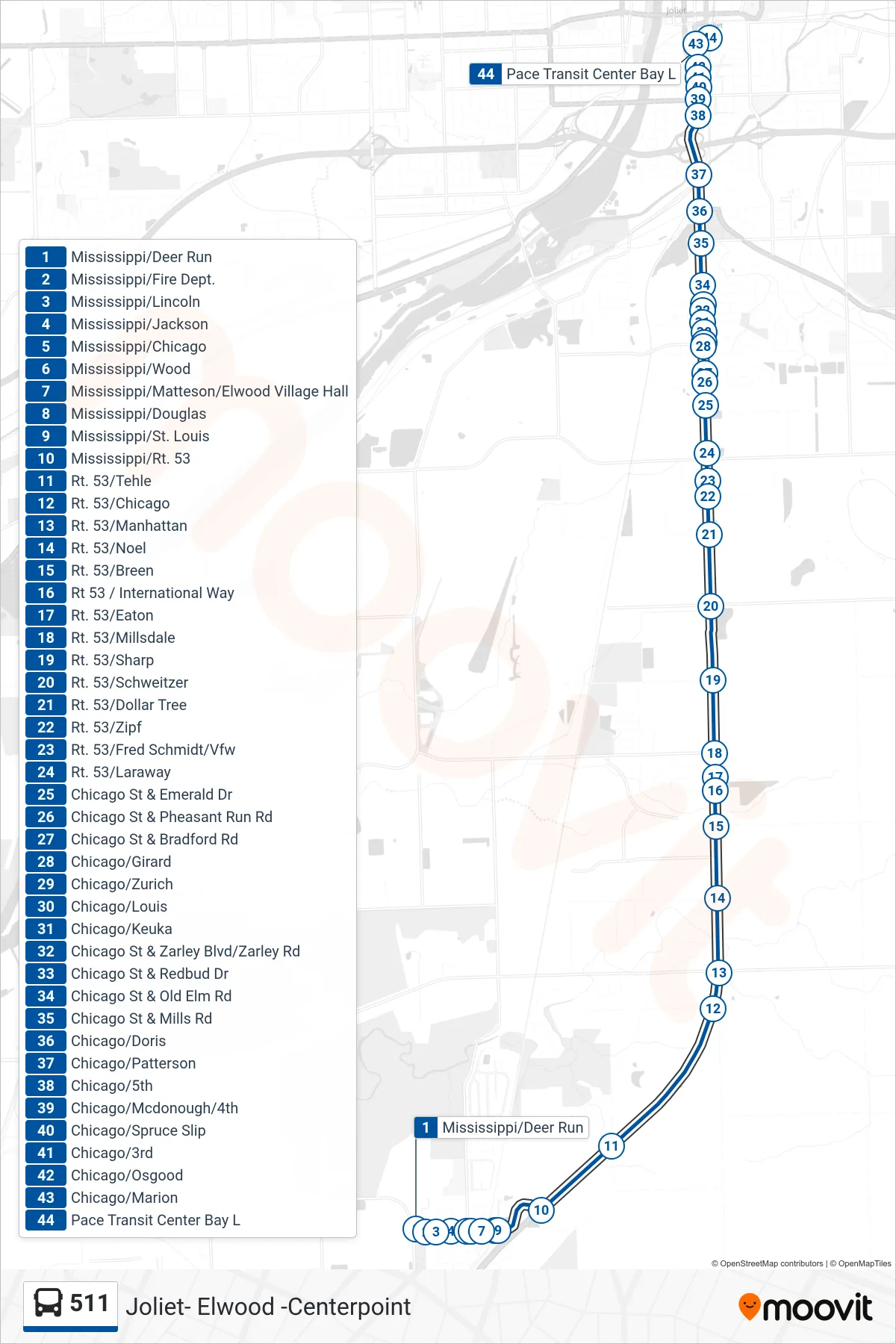 511 bus Line (Pace Transit Center Bay L) route and stops on a map