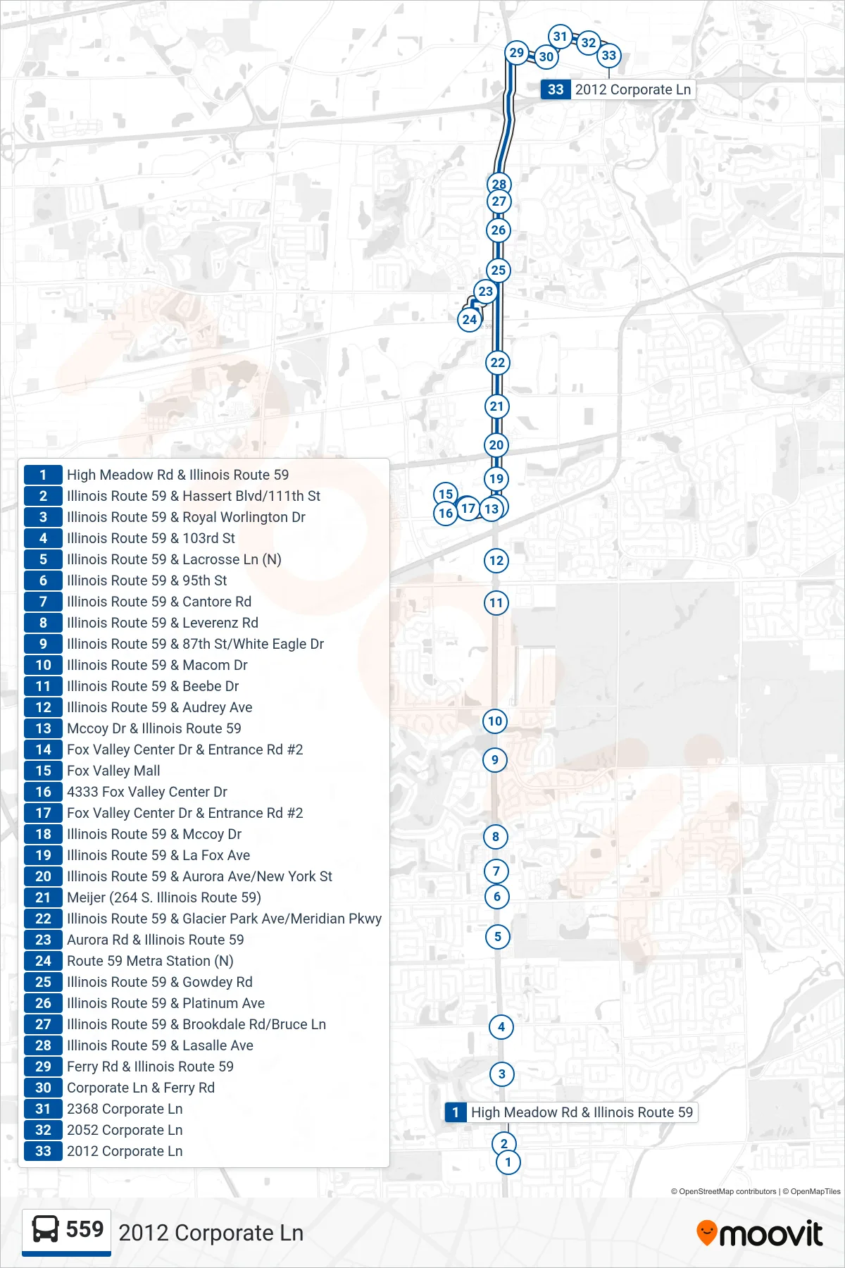559 bus Line (2012 Corporate Ln) route and stops on a map