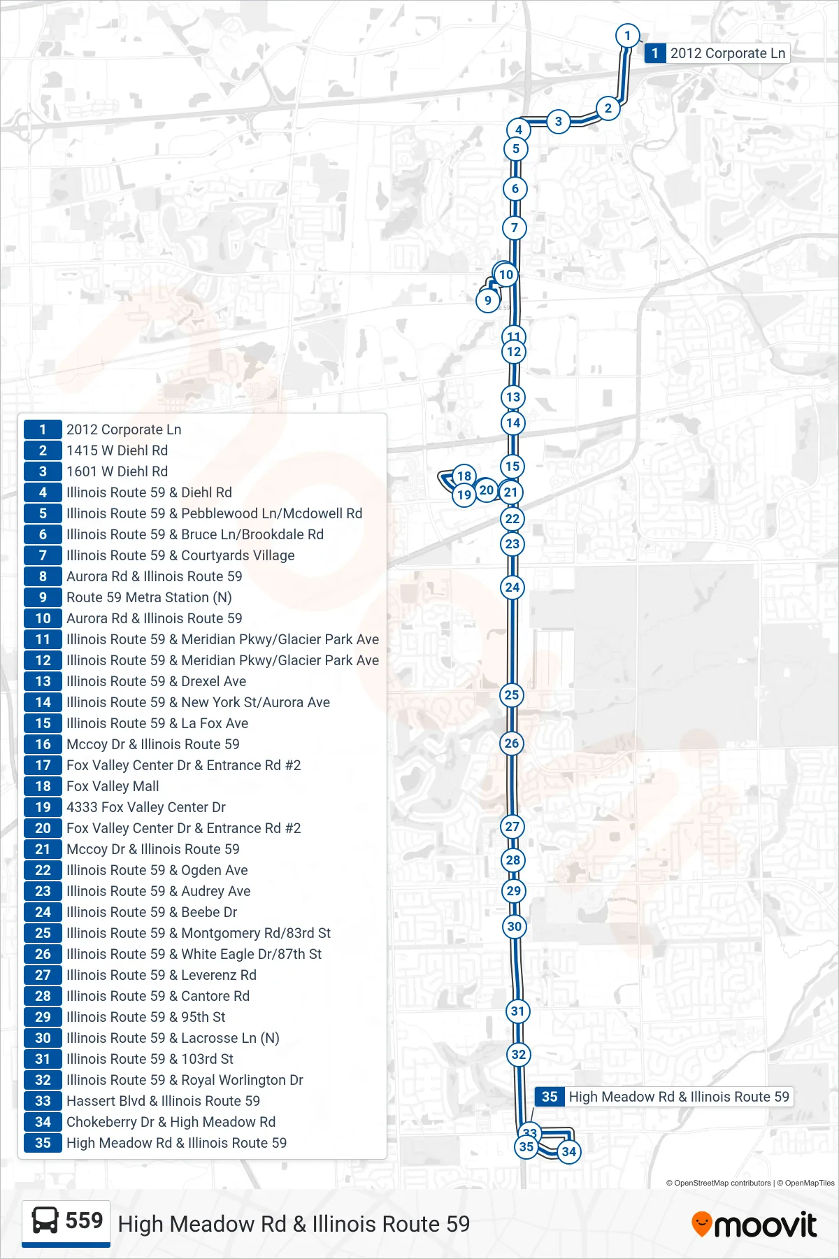 559 bus Line (High Meadow Rd & Illinois Route 59) route and stops on a map