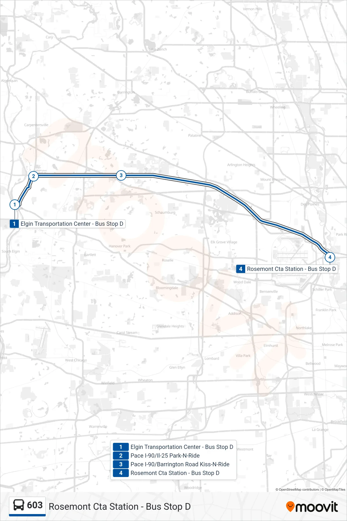 603 bus Line (Rosemont Cta Station - Bus Stop D) route and stops on a map