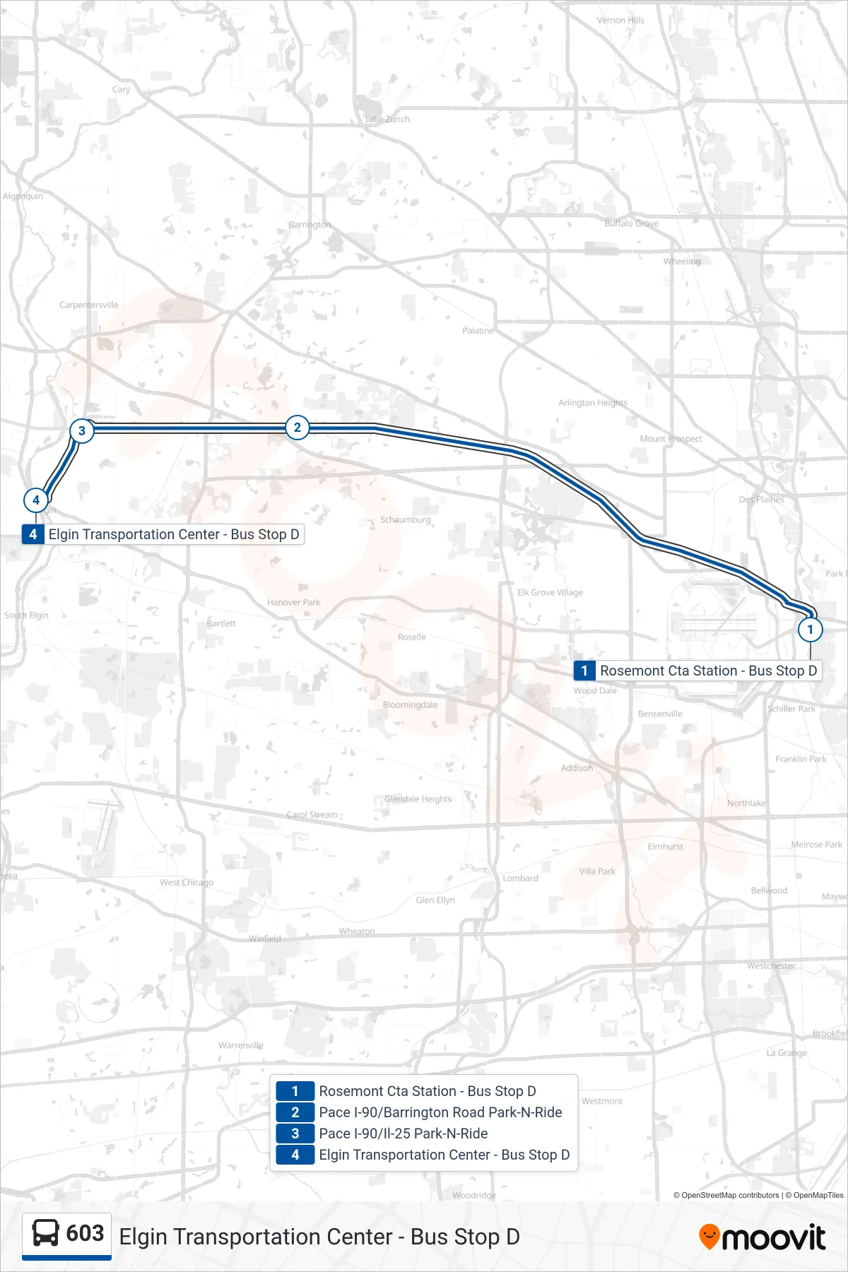 603 bus Line (Elgin Transportation Center - Bus Stop D) route and stops on a map