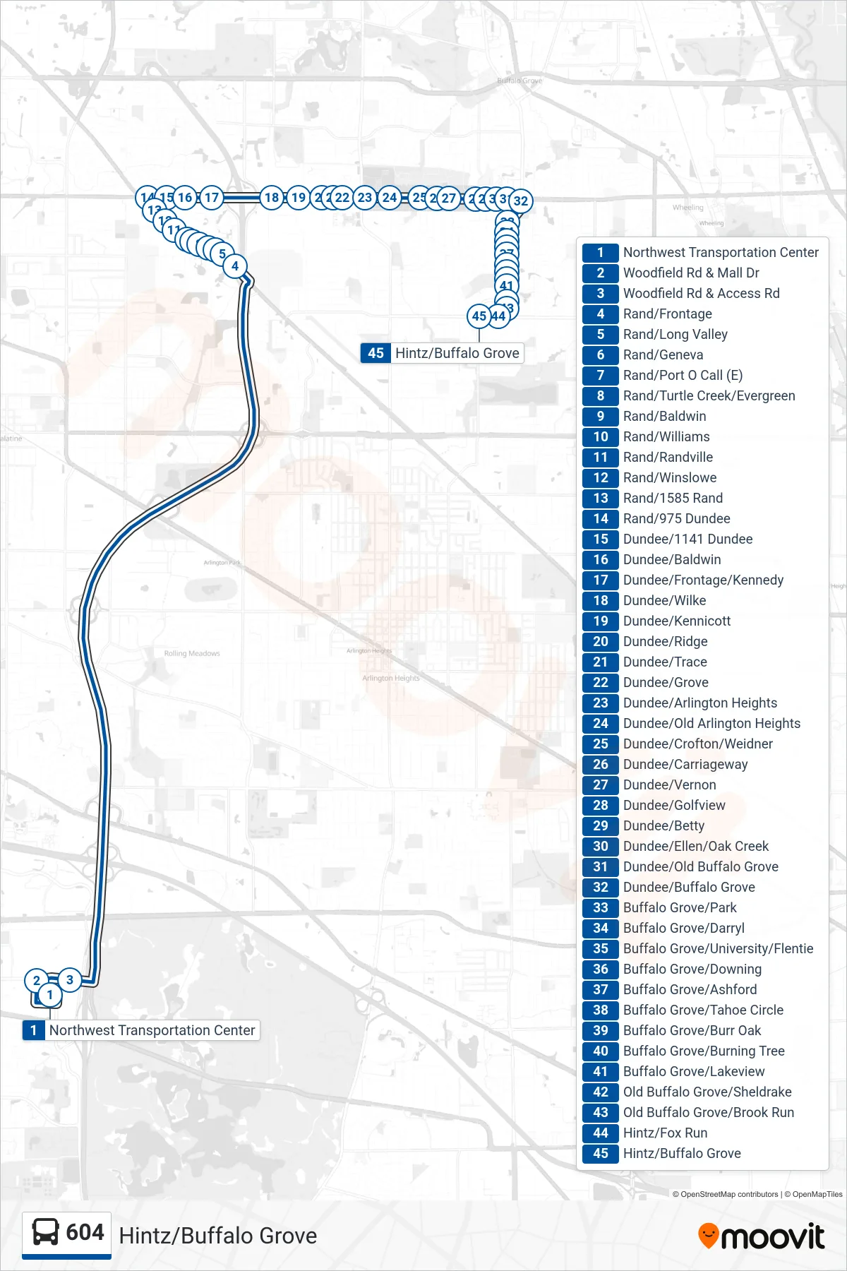 604 bus Line (Hintz/Buffalo Grove) route and stops on a map