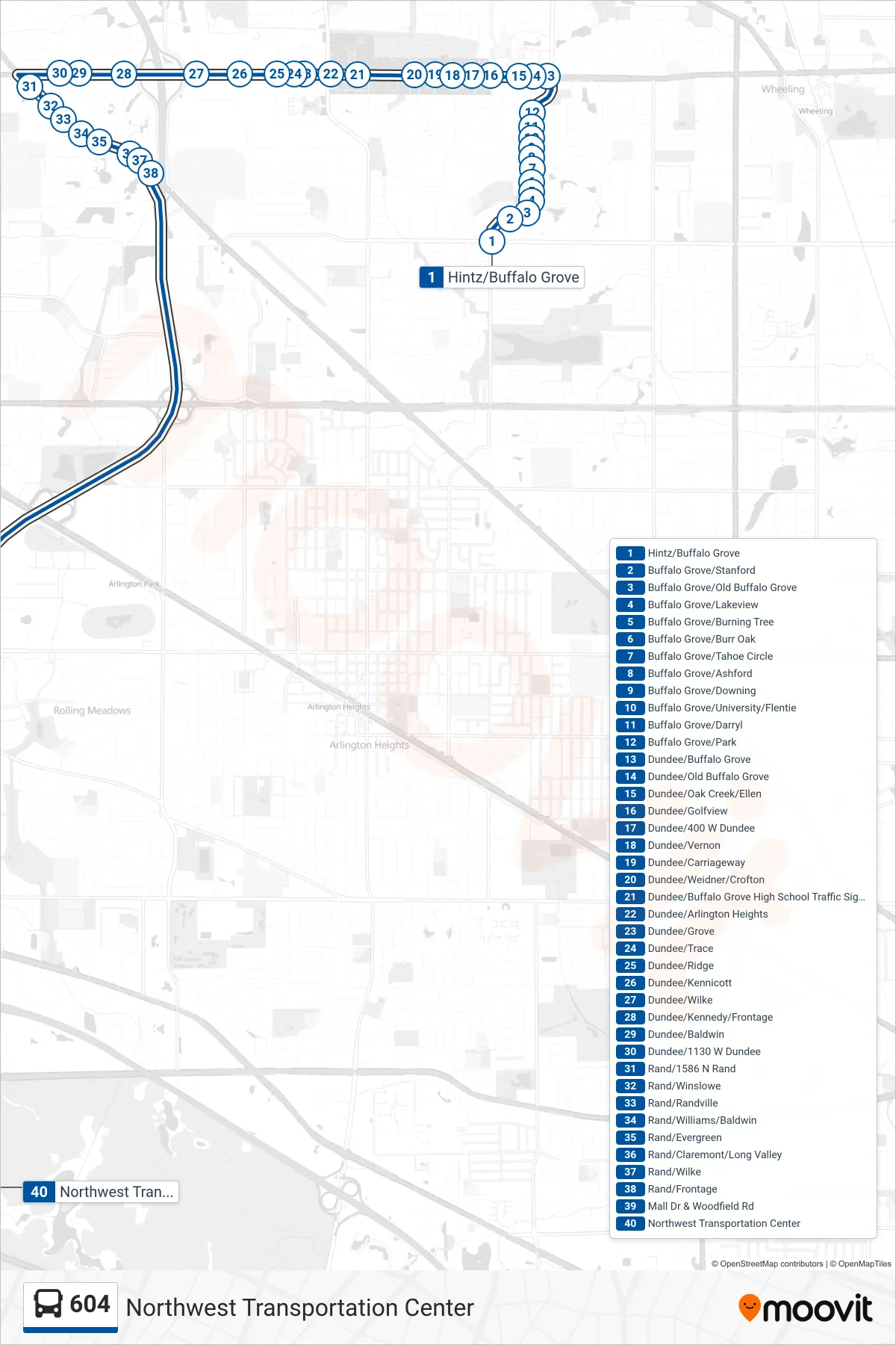 604 bus Line (Northwest Transportation Center) route and stops on a map