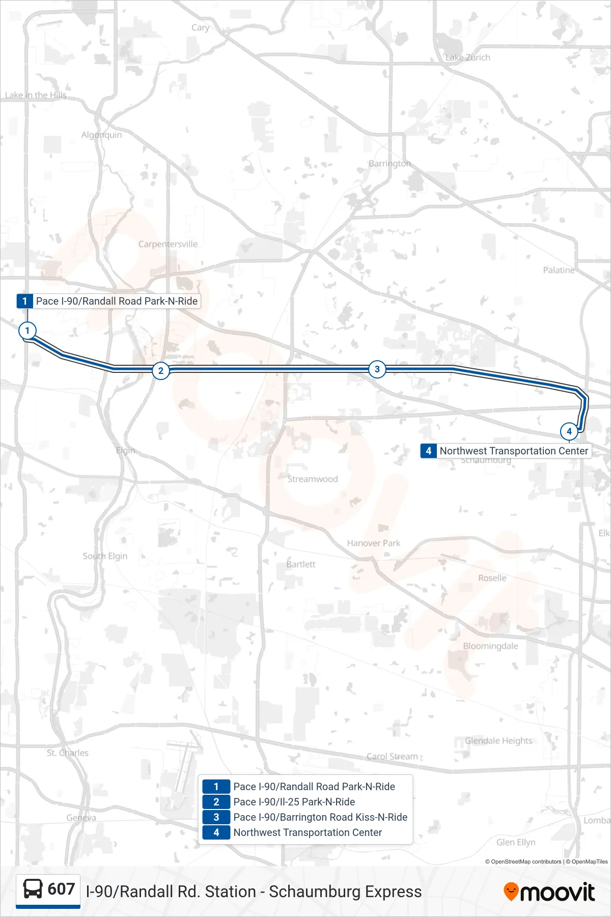 607 bus Line (Northwest Transportation Center) route and stops on a map
