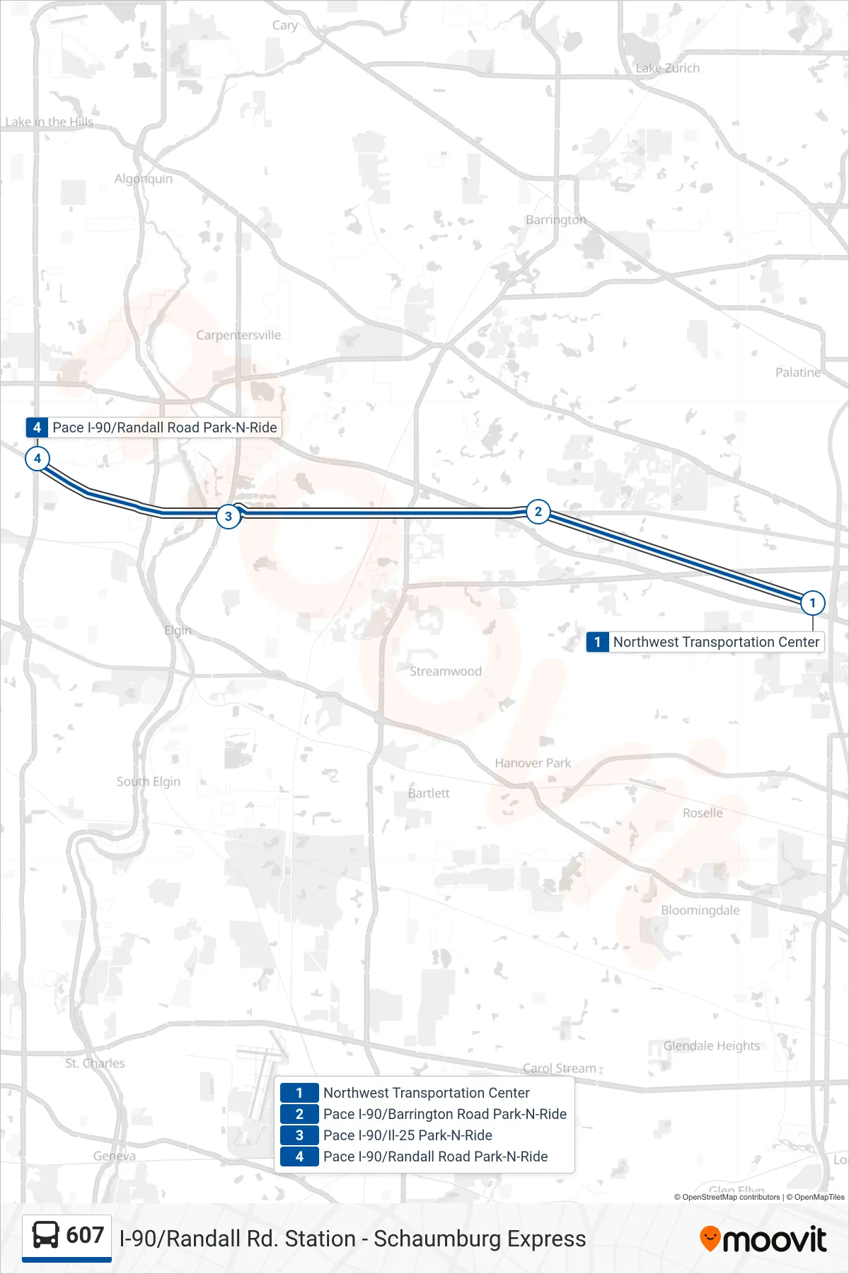 607 bus Line (Pace I-90/Randall Road Park-N-Ride) route and stops on a map