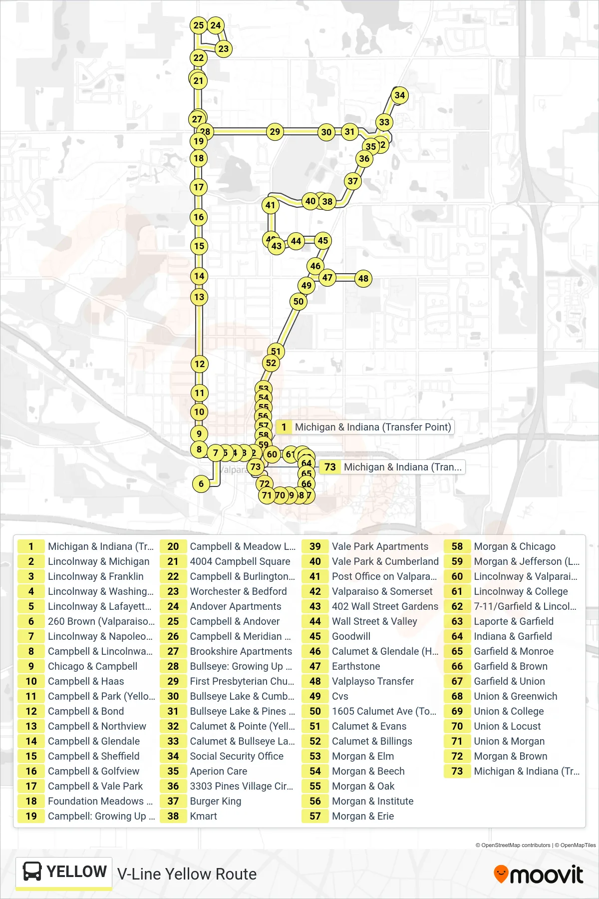 YELLOW bus Line (Yellow Line) route and stops on a map
