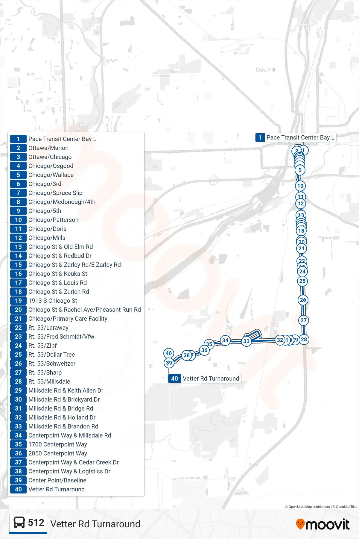 512 bus Line (Vetter Rd Turnaround) route and stops on a map