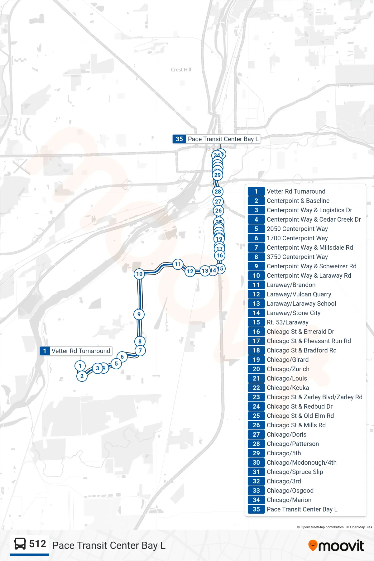 512 bus Line (Pace Transit Center Bay L) route and stops on a map