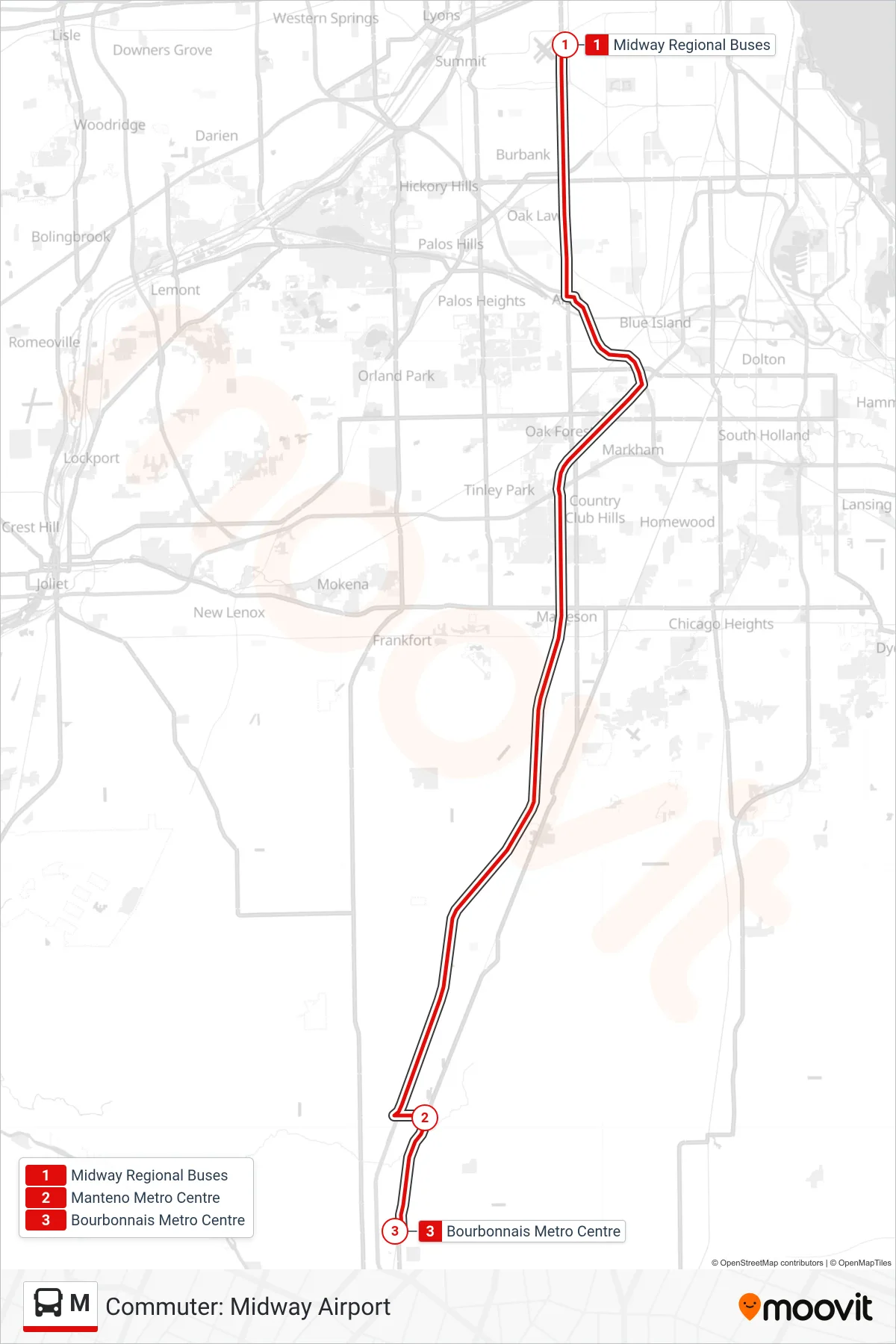 M bus Line (Bourbonnais Metro Centre) route and stops on a map