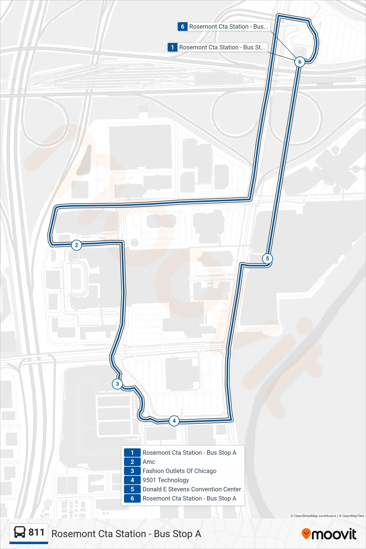 811 bus Line (Rosemont Cta Station - Bus Stop A) route and stops on a map