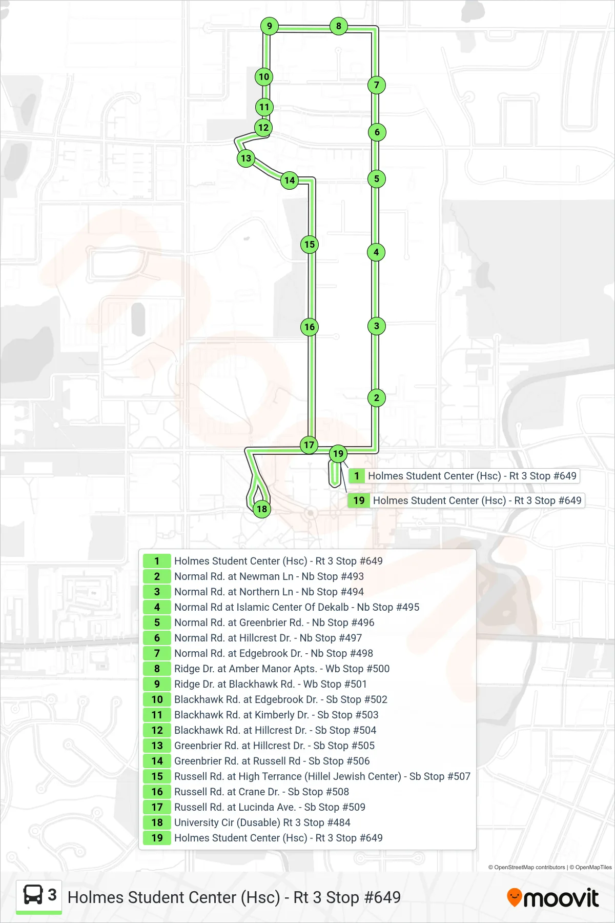 3 bus Line (Holmes Student Center (Hsc) - Rt 3 Stop #649) route and stops on a map