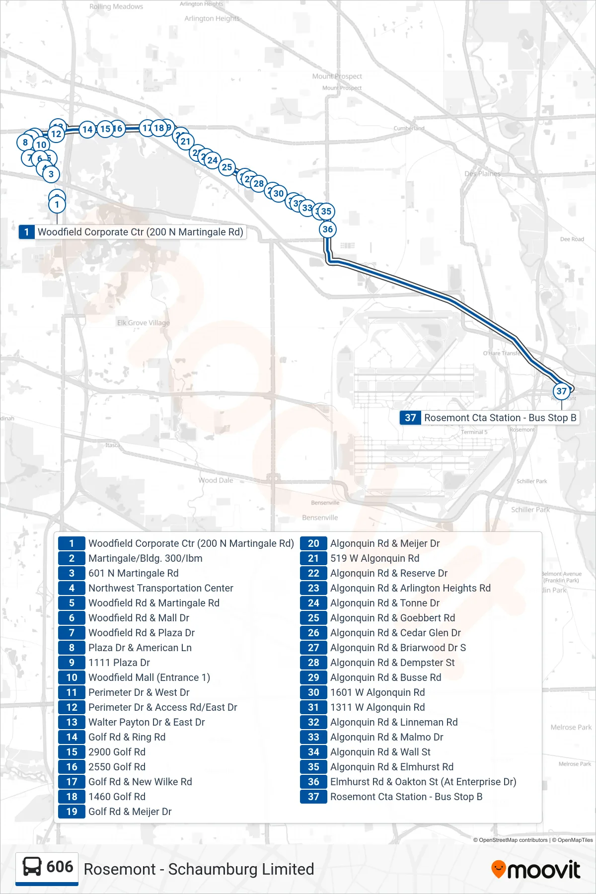 606 bus Line (Rosemont Cta Station - Bus Stop B) route and stops on a map