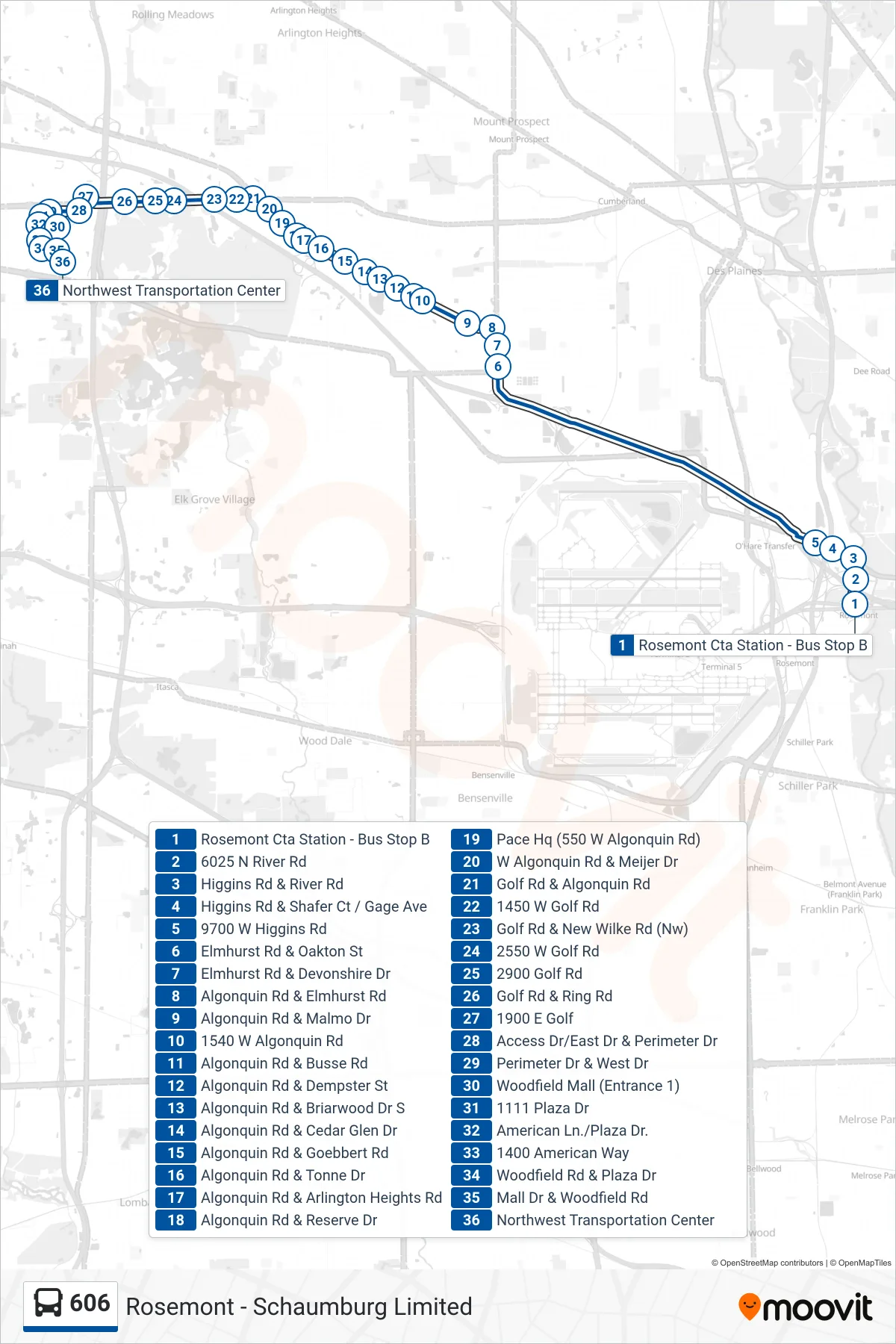 606 bus Line (Northwest Transportation Center) route and stops on a map