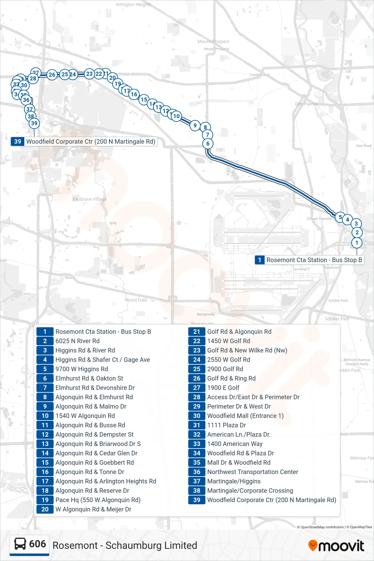 606 bus Line (Woodfield Corporate Ctr (200 N Martingale Rd)) route and stops on a map
