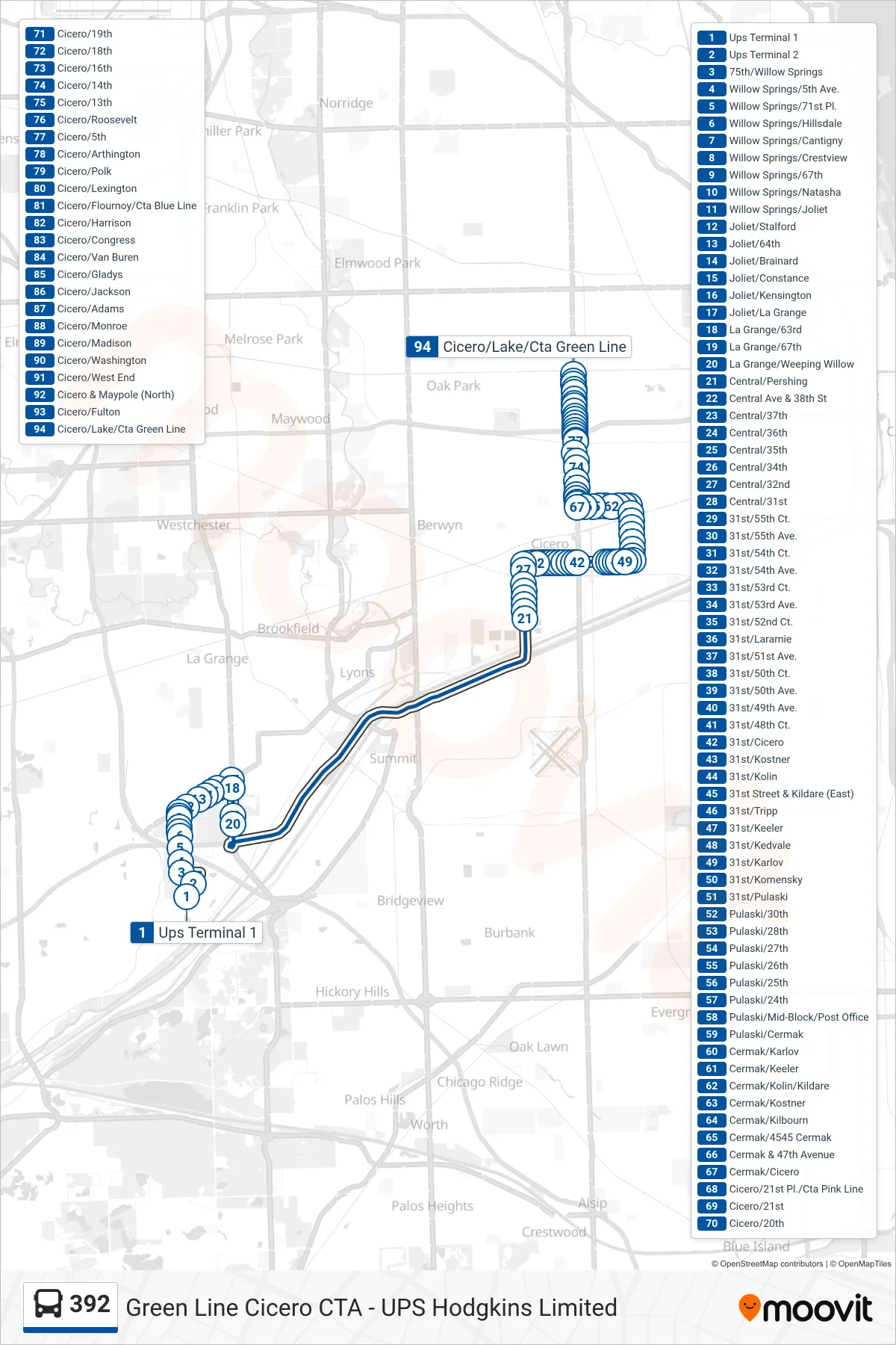 392 bus Line (Cicero/Lake/Cta Green Line) route and stops on a map