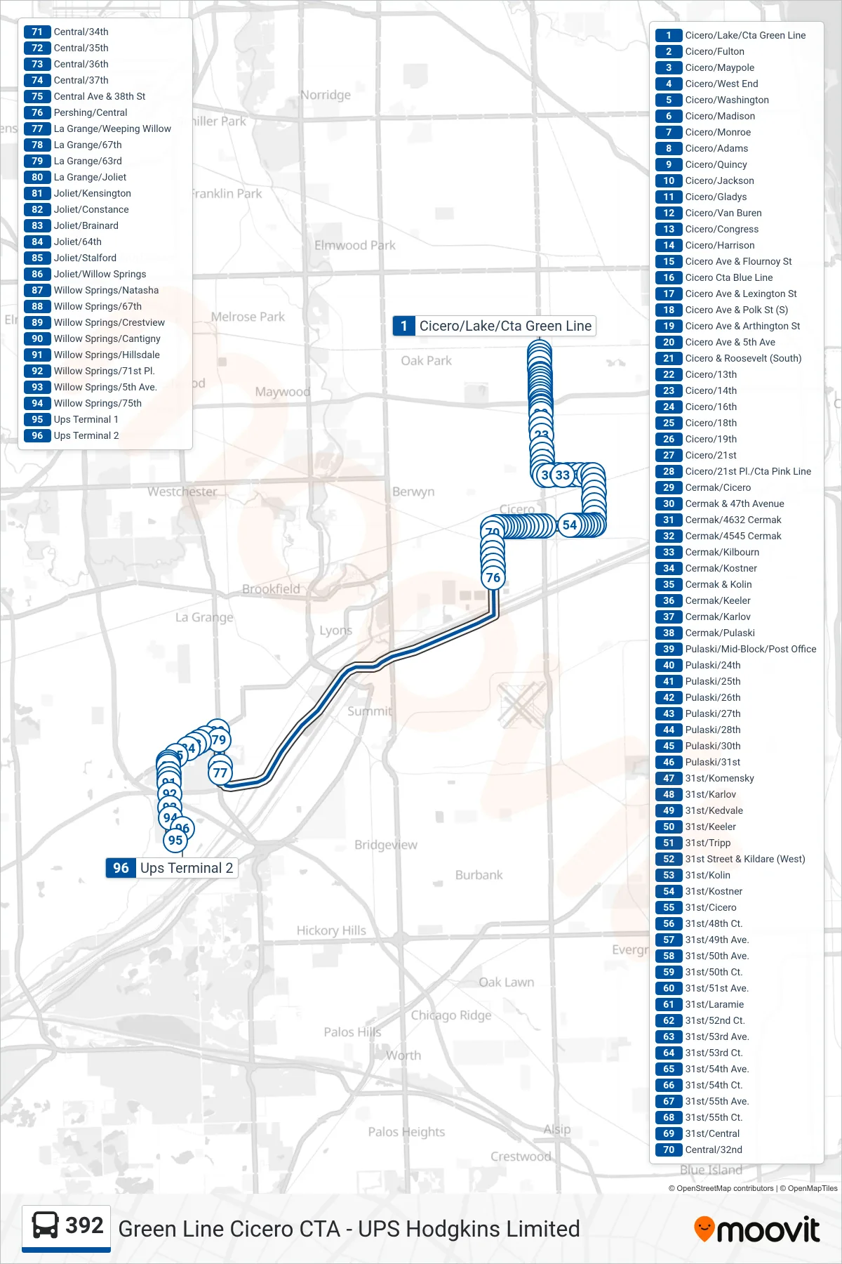 392 bus Line (Ups Terminal 2) route and stops on a map