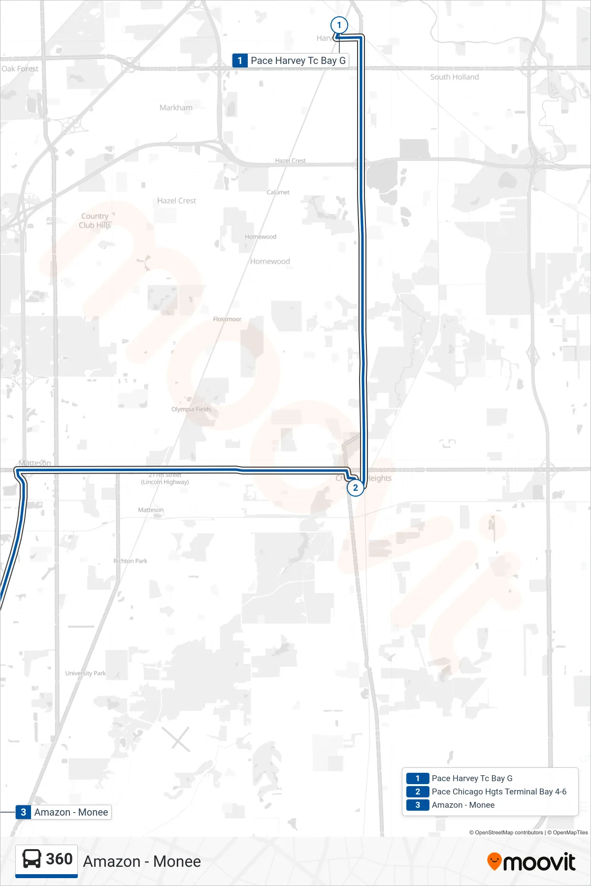 360 bus Line (Amazon - Monee) route and stops on a map
