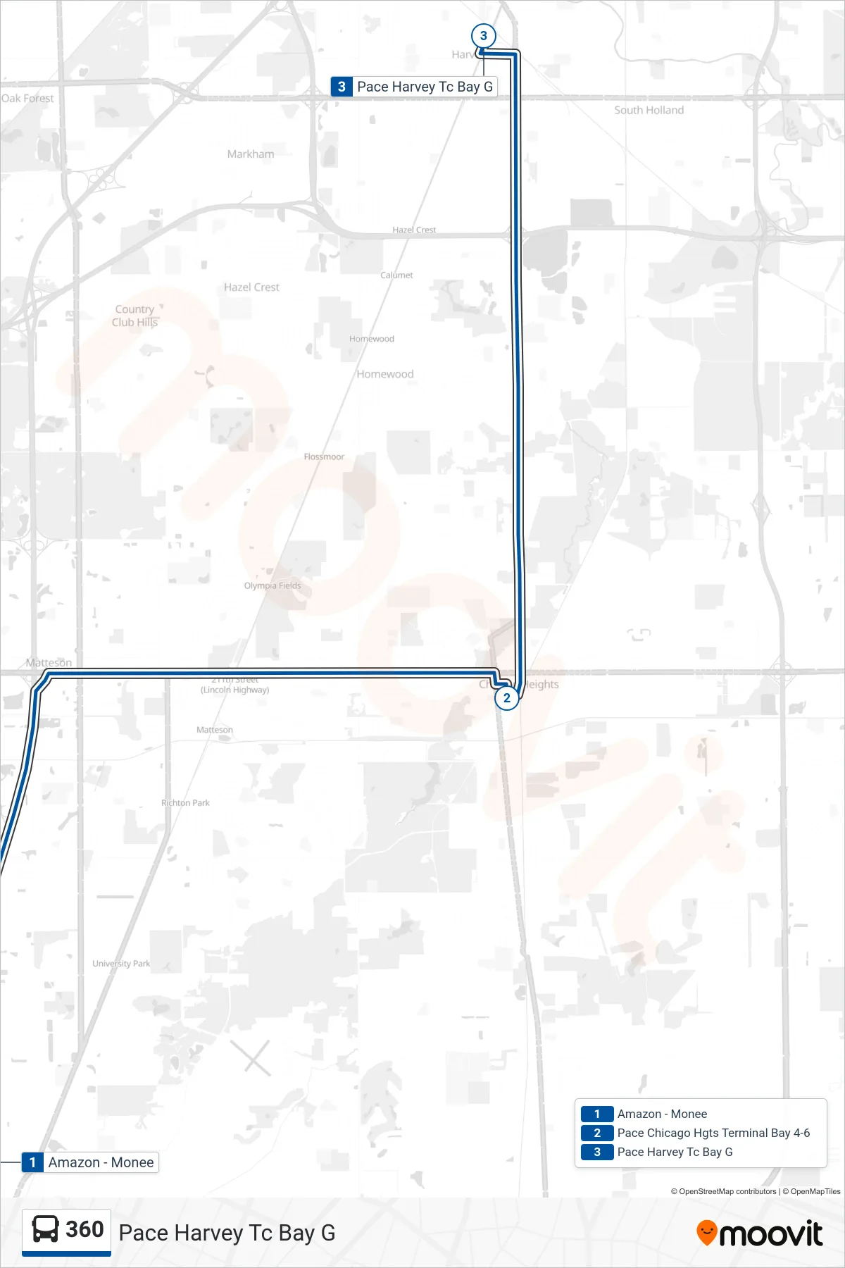 360 bus Line (Pace Harvey Tc Bay G) route and stops on a map