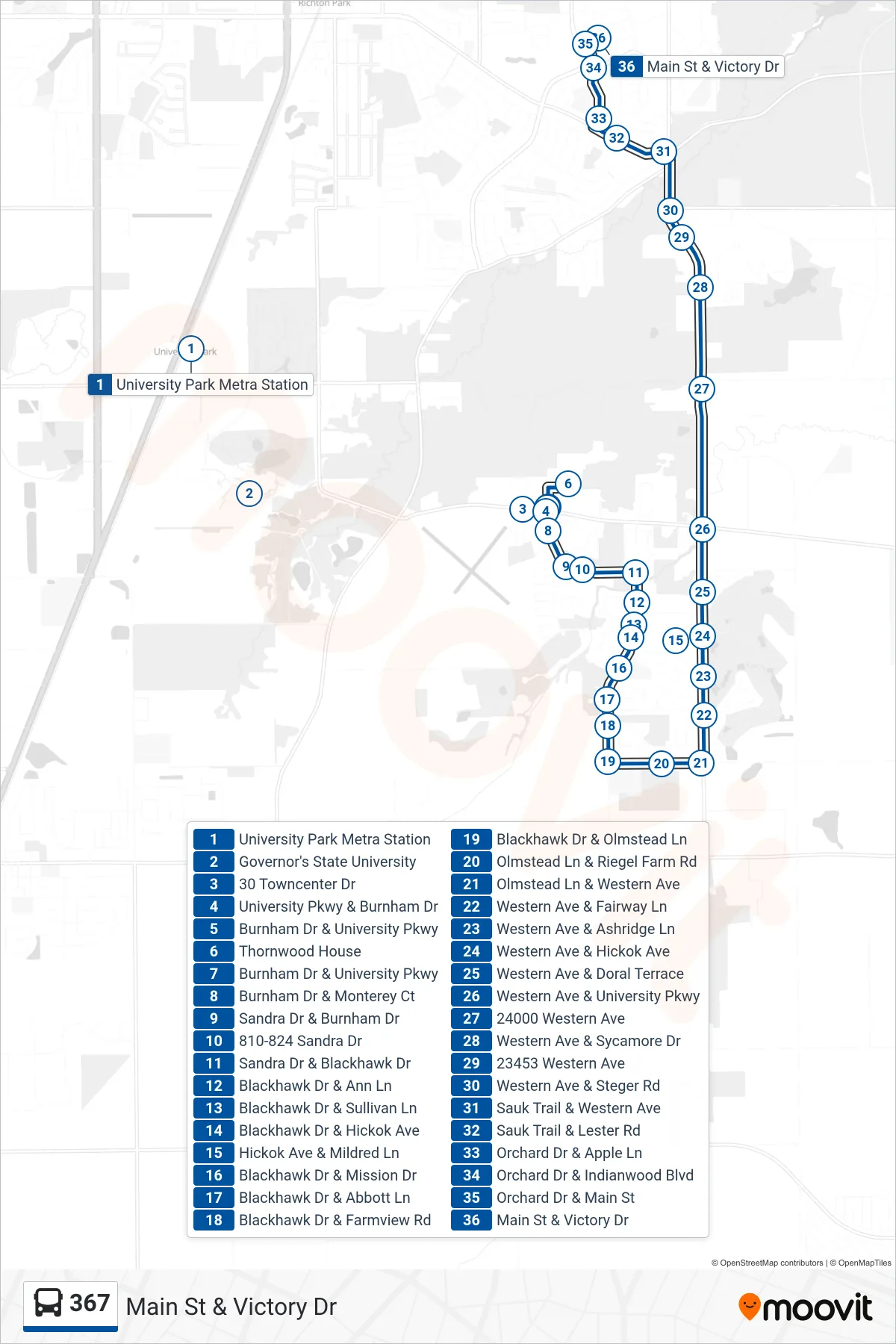367 bus Line (Main St & Victory Dr) route and stops on a map