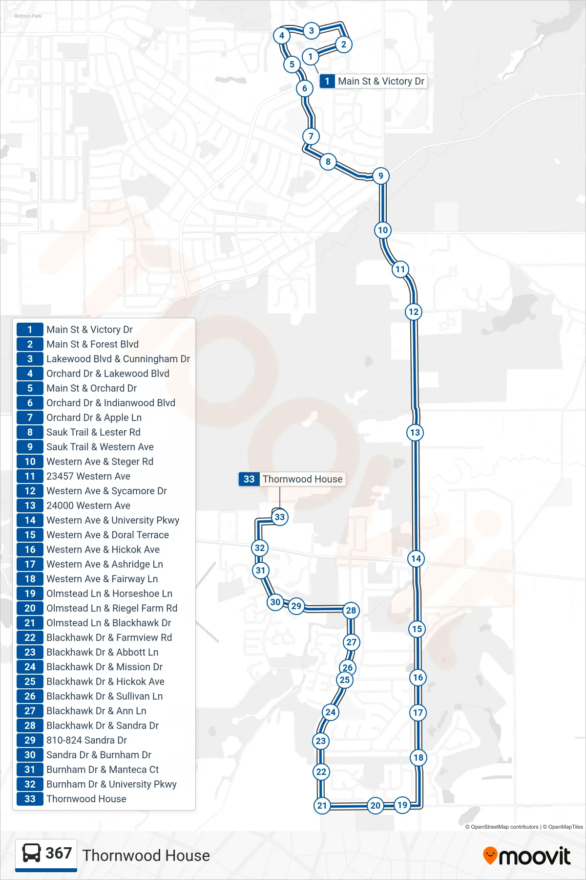 367 bus Line (Thornwood House) route and stops on a map