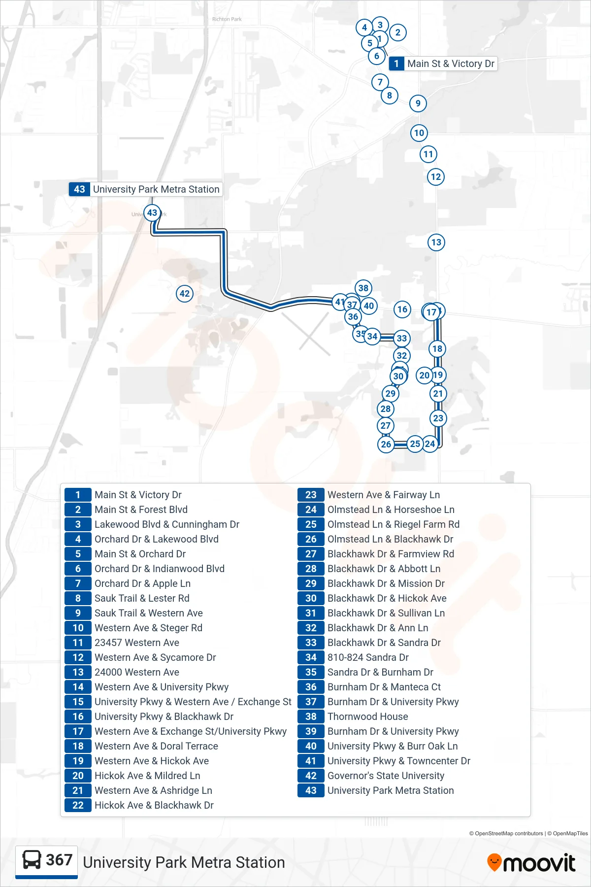 367 bus Line (University Park Metra Station) route and stops on a map