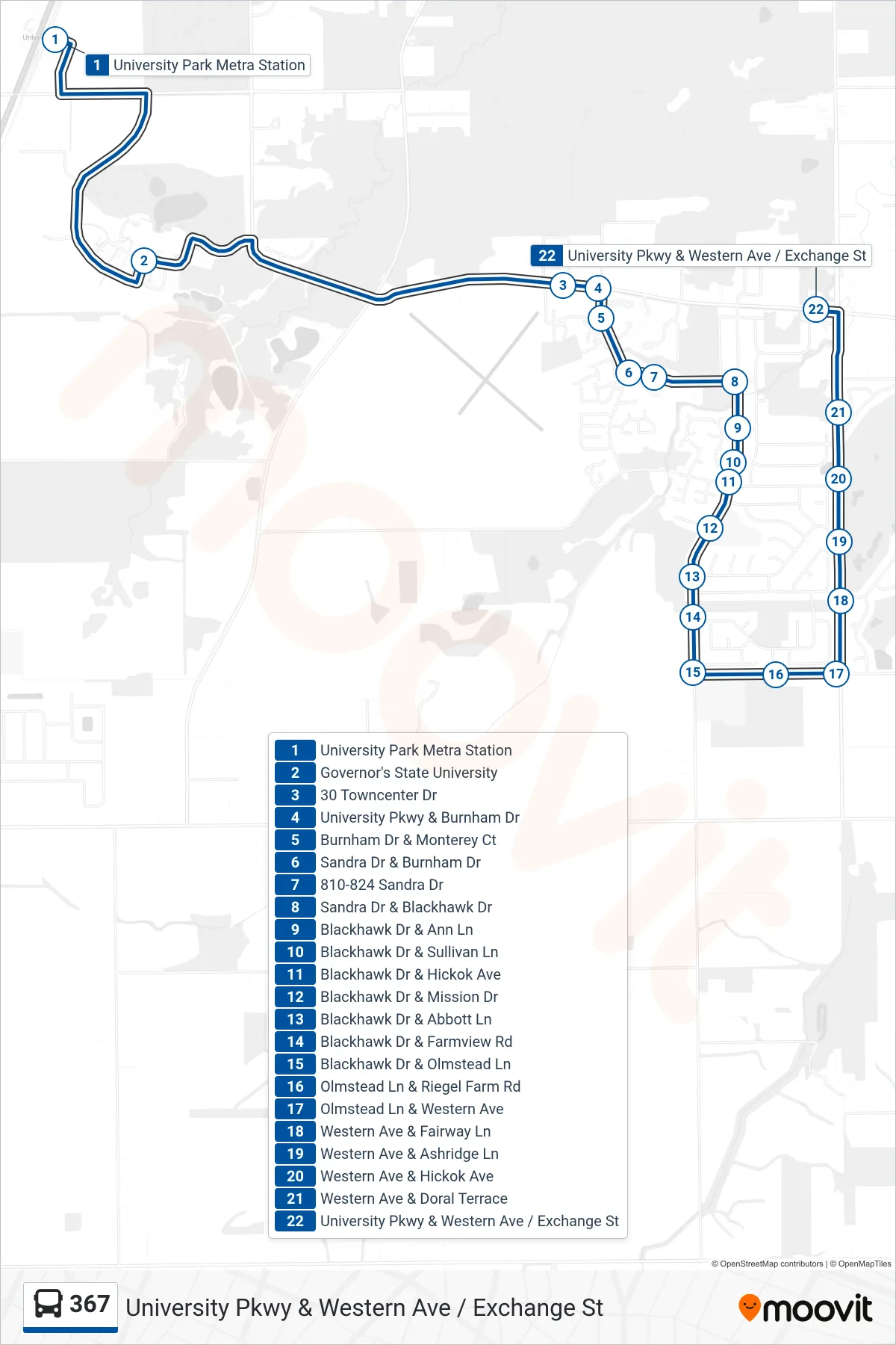 367 bus Line (University Pkwy & Western Ave / Exchange St) route and stops on a map