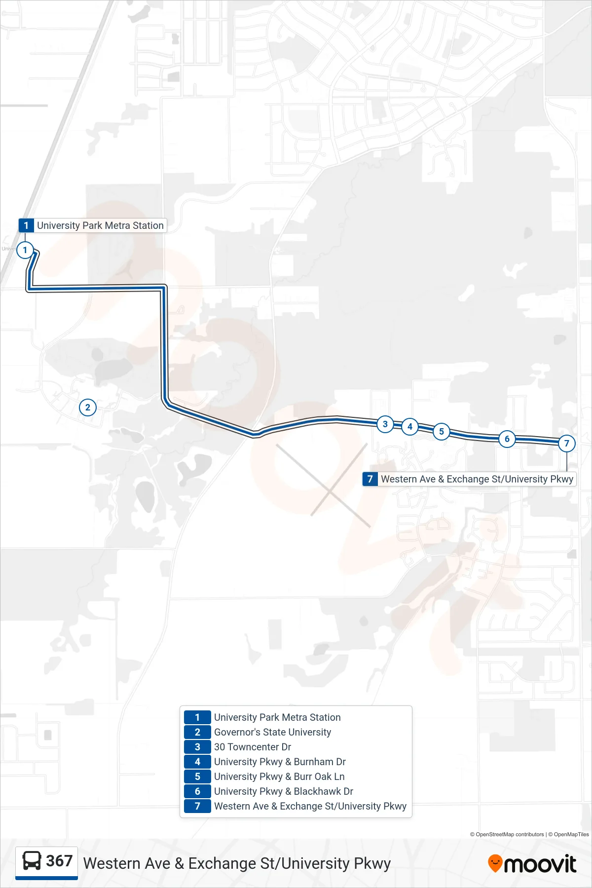 367 bus Line (Western Ave & Exchange St/University Pkwy) route and stops on a map